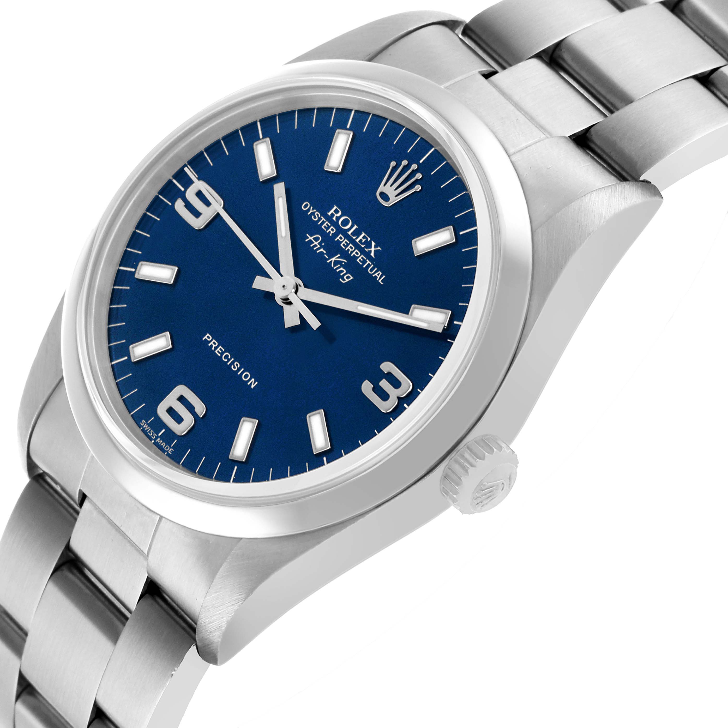 The Rolex Air-King 14000 Men's Stainless Steel Blue Dial watch is shown at an angled side view displaying the face, crown, and bracelet.