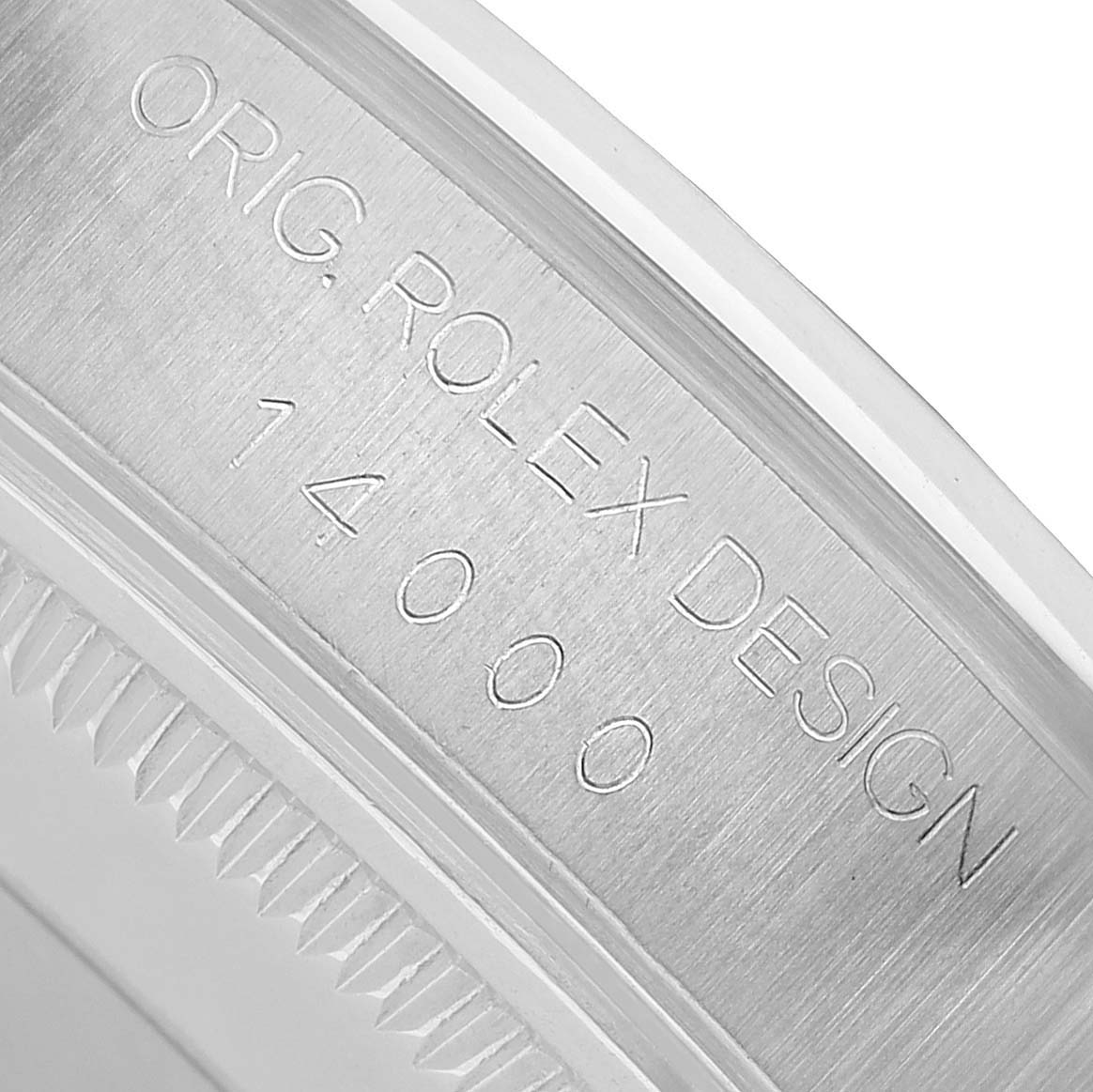 The image shows a close-up of the case back edge, engraved with "Orig. Rolex Design 14000," from a Rolex Air-King 14000 Men's Stainless Steel Blue Dial watch.