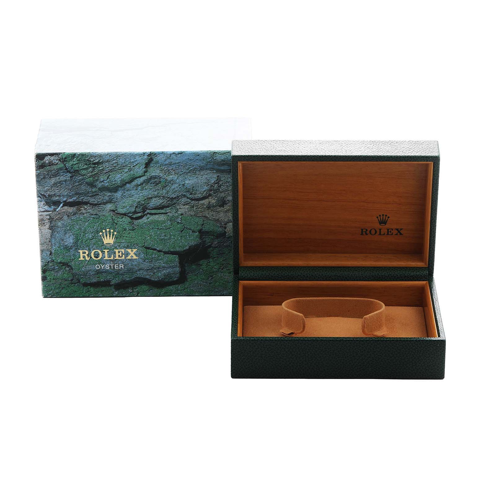 The image shows an open Rolex box for the Air-King model, with no watch, revealing the inner cushion and branding.