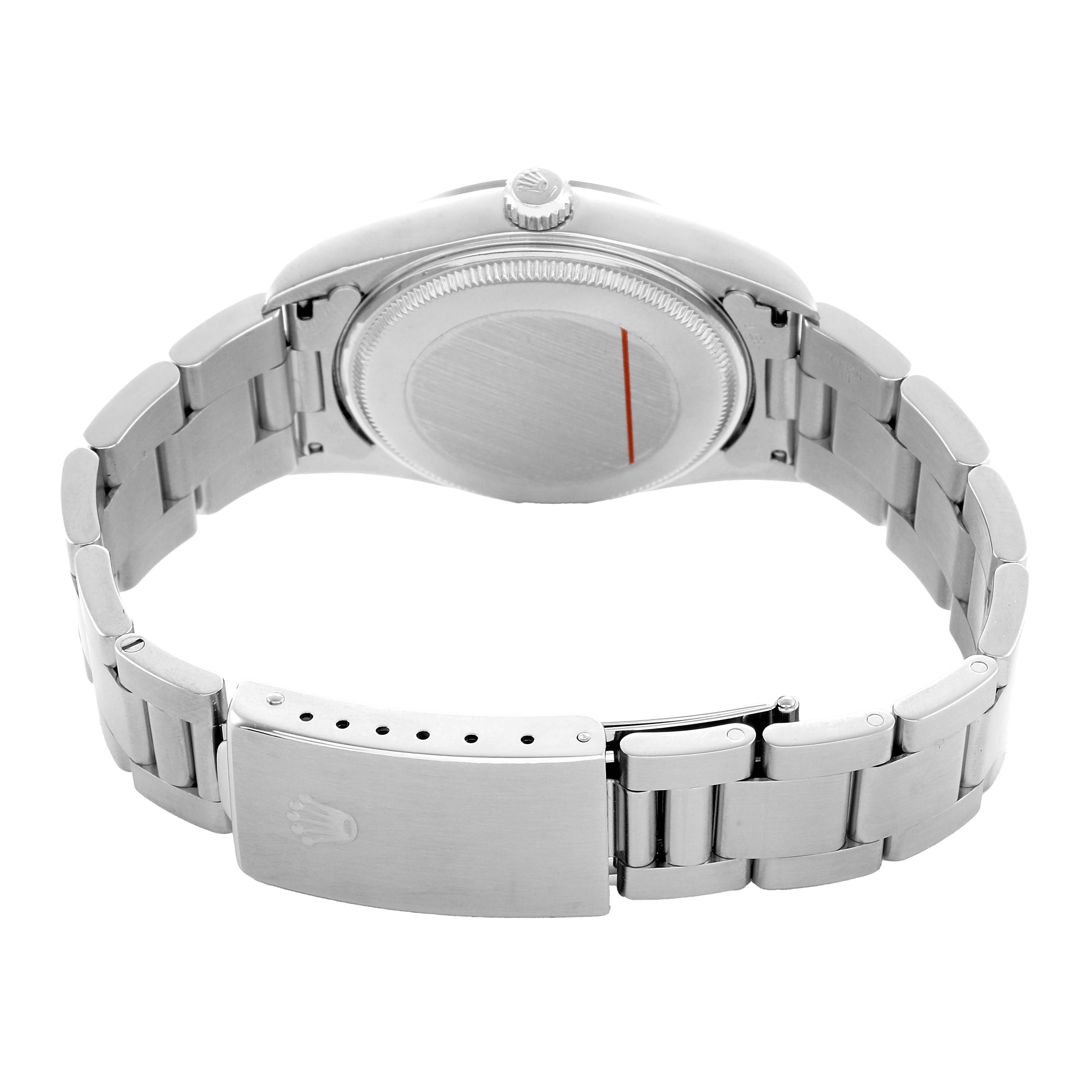 The image shows the back of a Rolex Air-King 14000 Men's Stainless Steel Blue Dial watch, highlighting the case back, crown, and bracelet clasp.