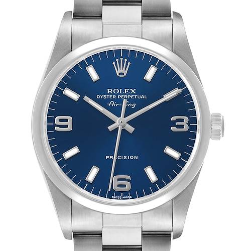 The image shows a Rolex Air-King 14000 Men's Stainless Steel Blue Dial watch from a front angle, highlighting its blue dial, hour markers, and crown.