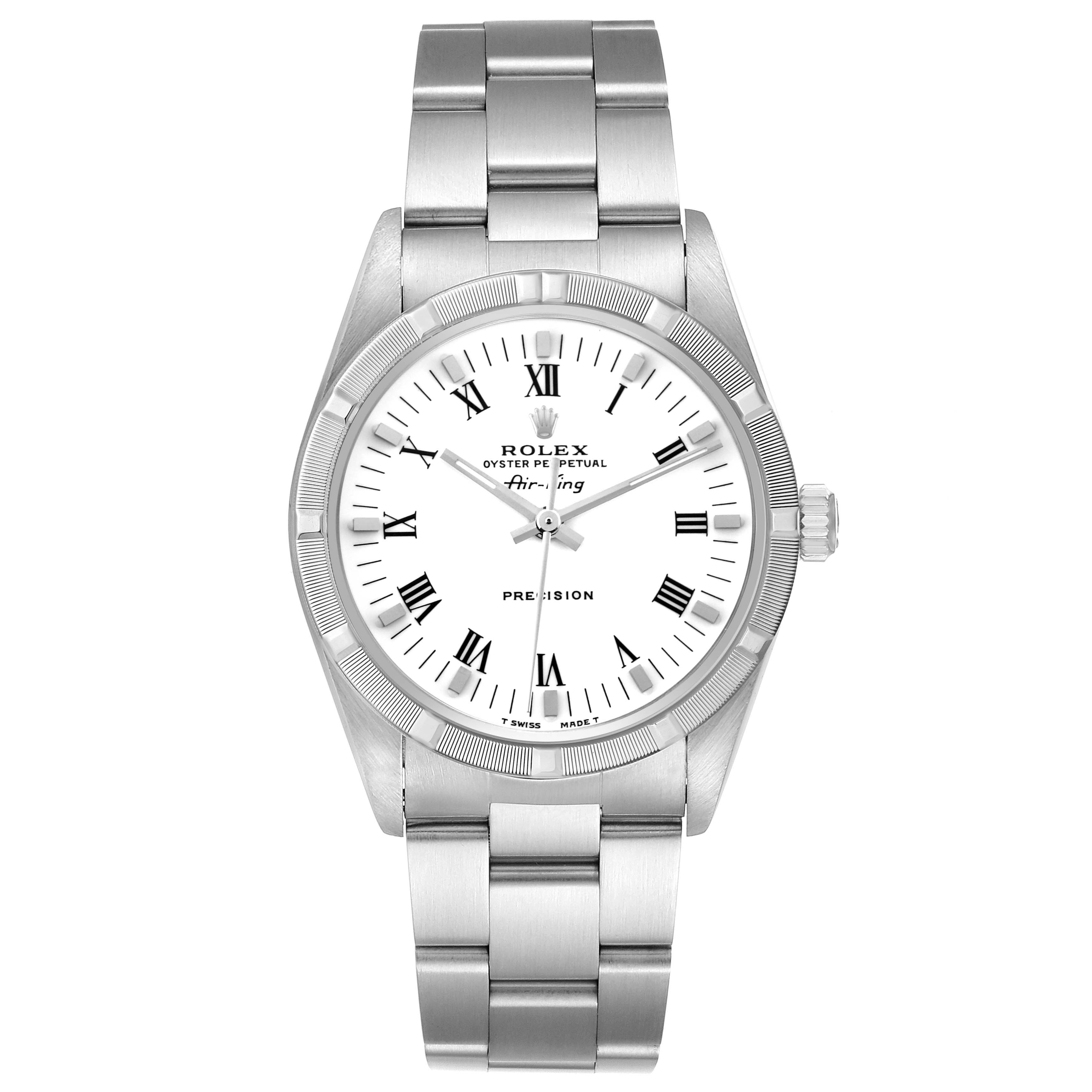 The Rolex Air-King 14010 Men's Stainless Steel White Dial 14010 Men's Stainless Steel White Dial watch is shown from a front angle, displaying the face, bezel, crown, and bracelet.