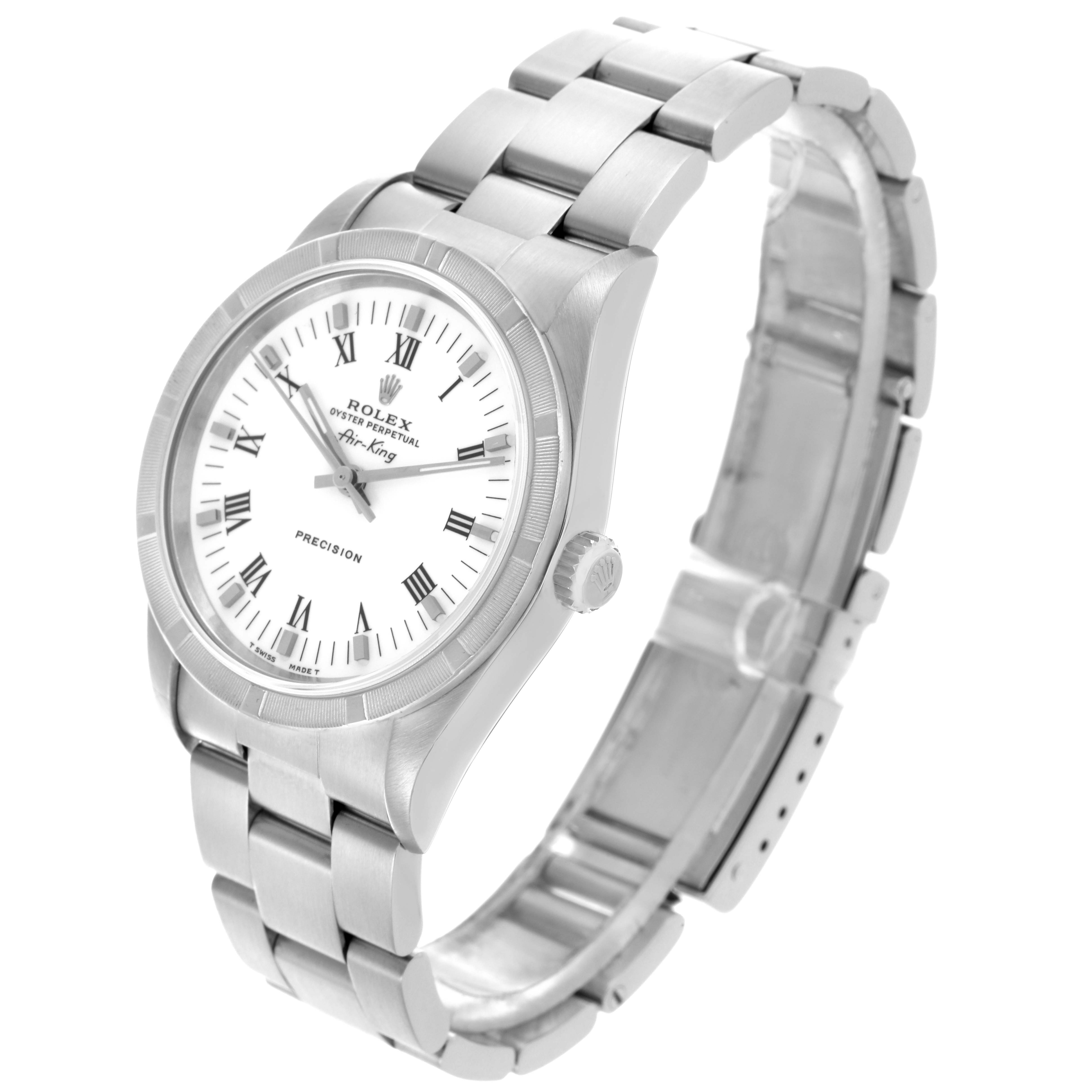 The Rolex Air-King 14010 Men's Stainless Steel White Dial 14010 Men's Stainless Steel White Dial watch is shown at a three-quarter angle, highlighting its face, bracelet, and crown.