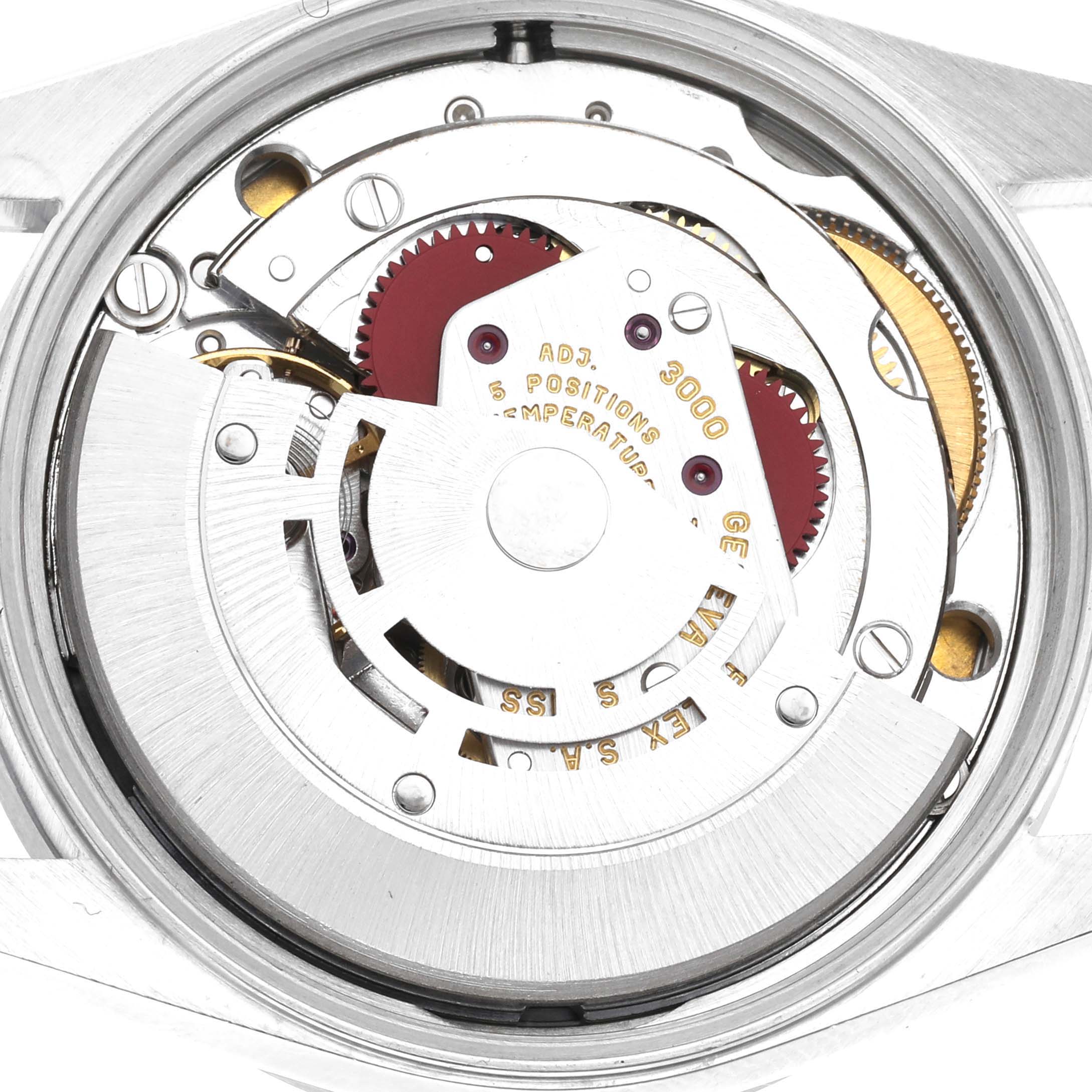 The image shows the caseback of the Rolex Air-King 14010 Men's Stainless Steel White Dial 14010 Men's Stainless Steel White Dial, highlighting its mechanical movement components.