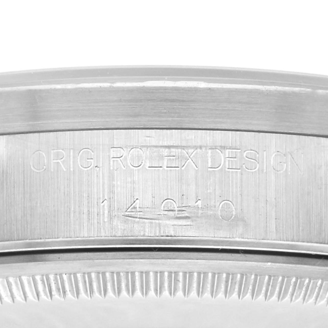 The image shows the side of a Rolex Air-King 14010 Men's Stainless Steel White Dial 14010 Men's Stainless Steel White Dial's case with the model number engraving.