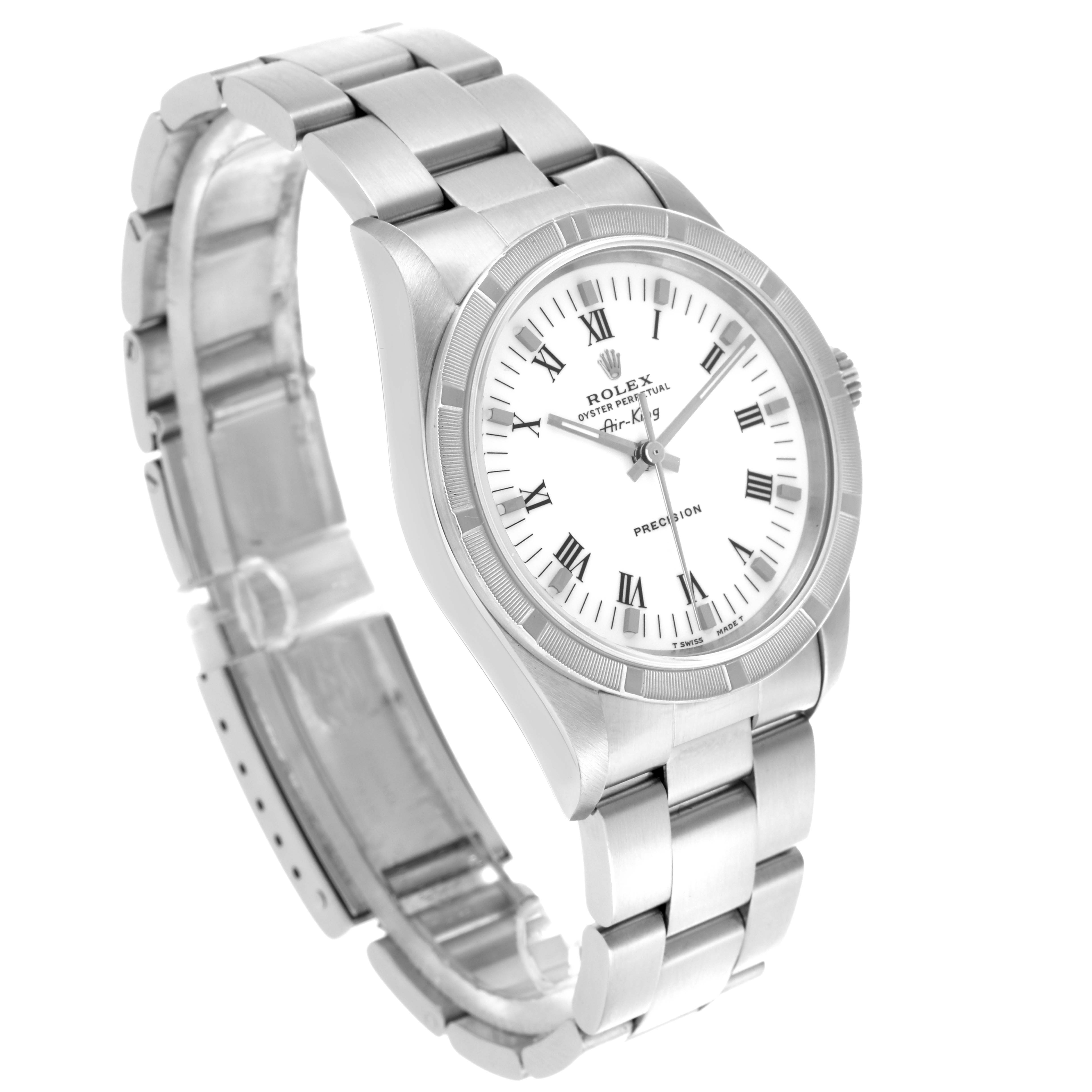 The Rolex Air-King 14010 Men's Stainless Steel White Dial 14010 Men's Stainless Steel White Dial watch is shown at a slight angle, displaying the dial, bezel, case, and bracelet.