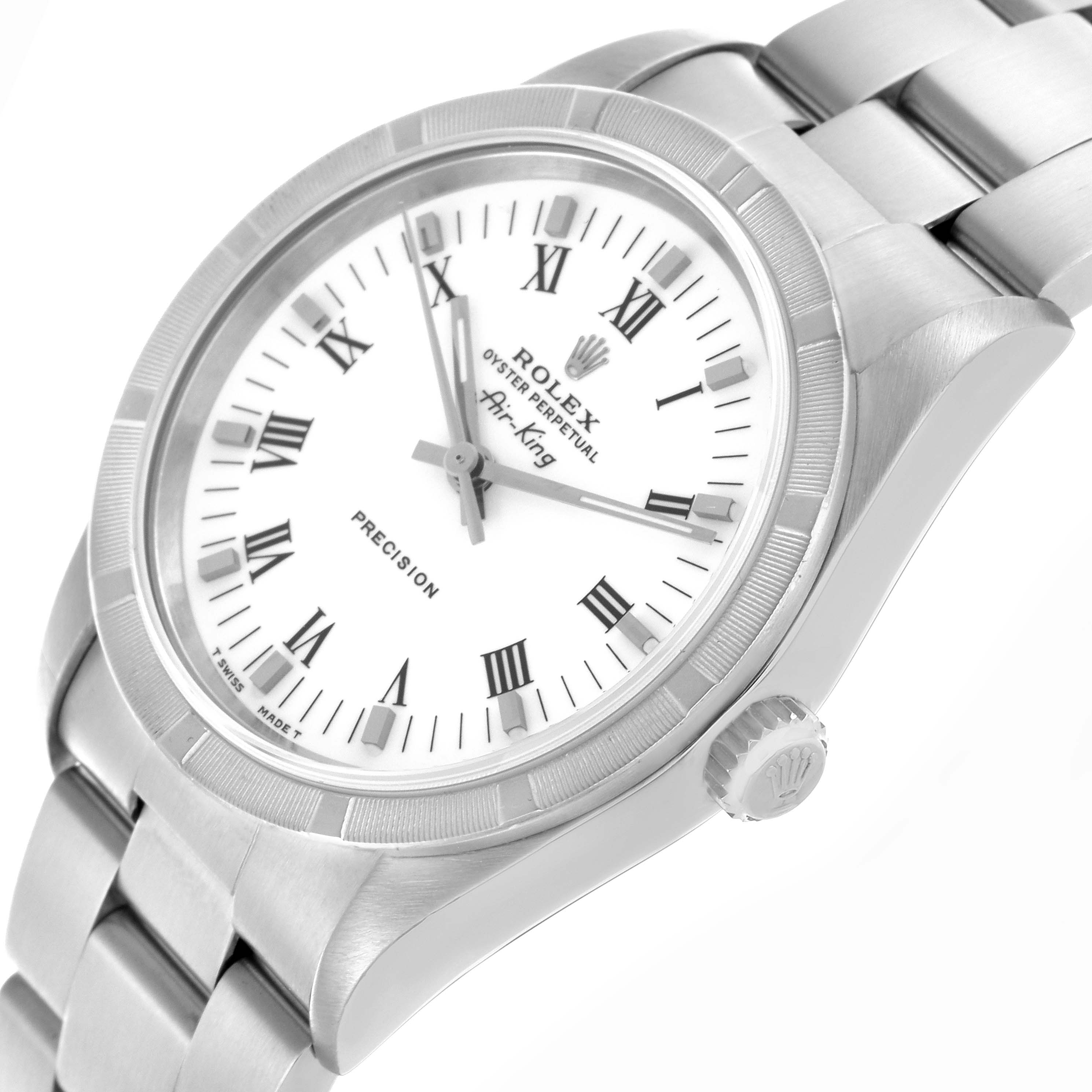 The Rolex Air-King 14010 Men's Stainless Steel White Dial 14010 Men's Stainless Steel White Dial watch is shown from an angled side view, displaying the face, bezel, and part of the bracelet.