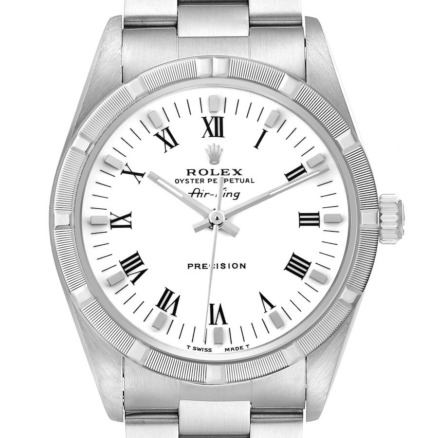 The Rolex Air-King watch is shown from a front angle, displaying the dial, bezel, crown, and part of the bracelet.