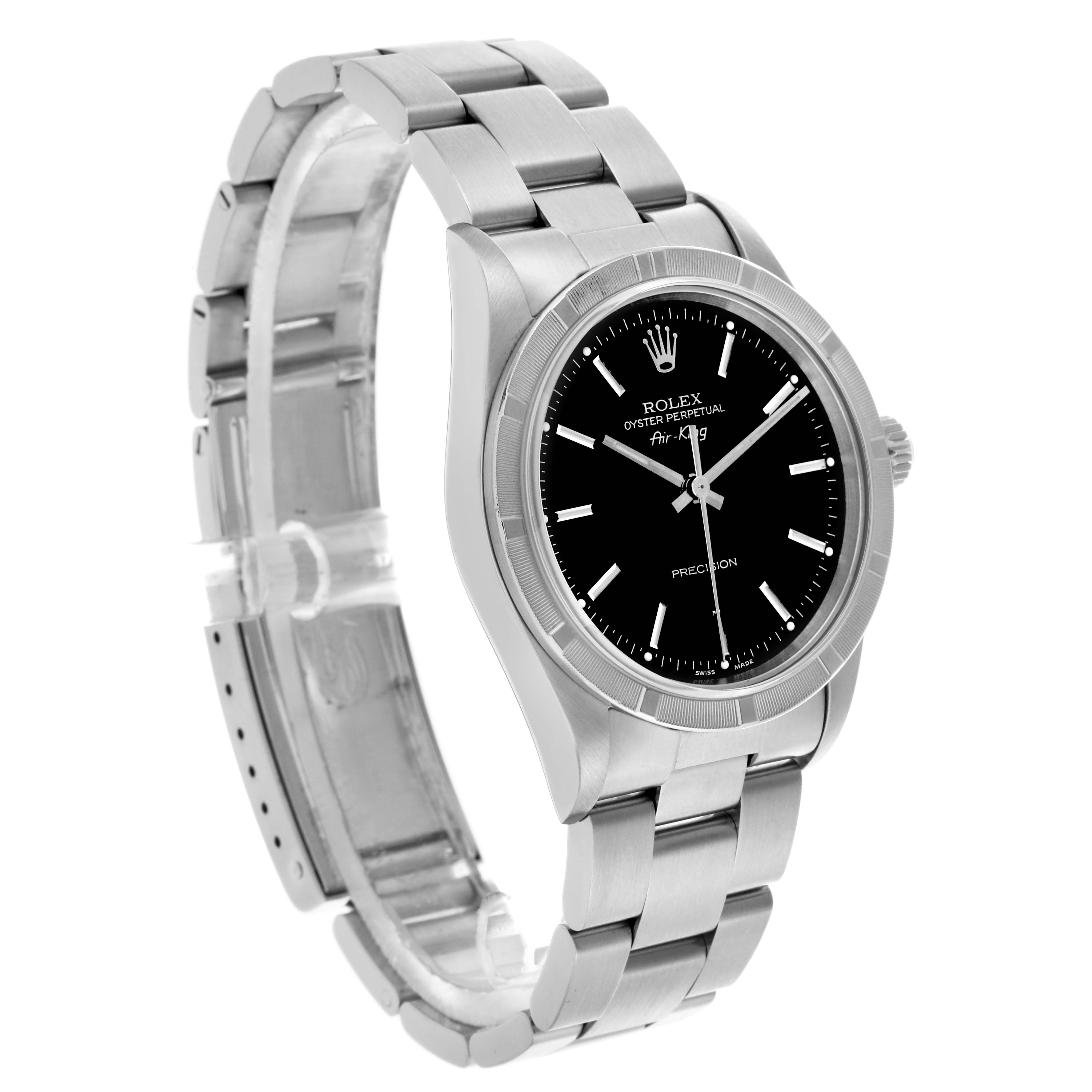 The Rolex Air-King 14010 Men's Stainless Steel Black Dial 14010 Men's Stainless Steel Black Dial watch is shown at a 3/4 angle, highlighting the face, bezel, bracelet, and crown.