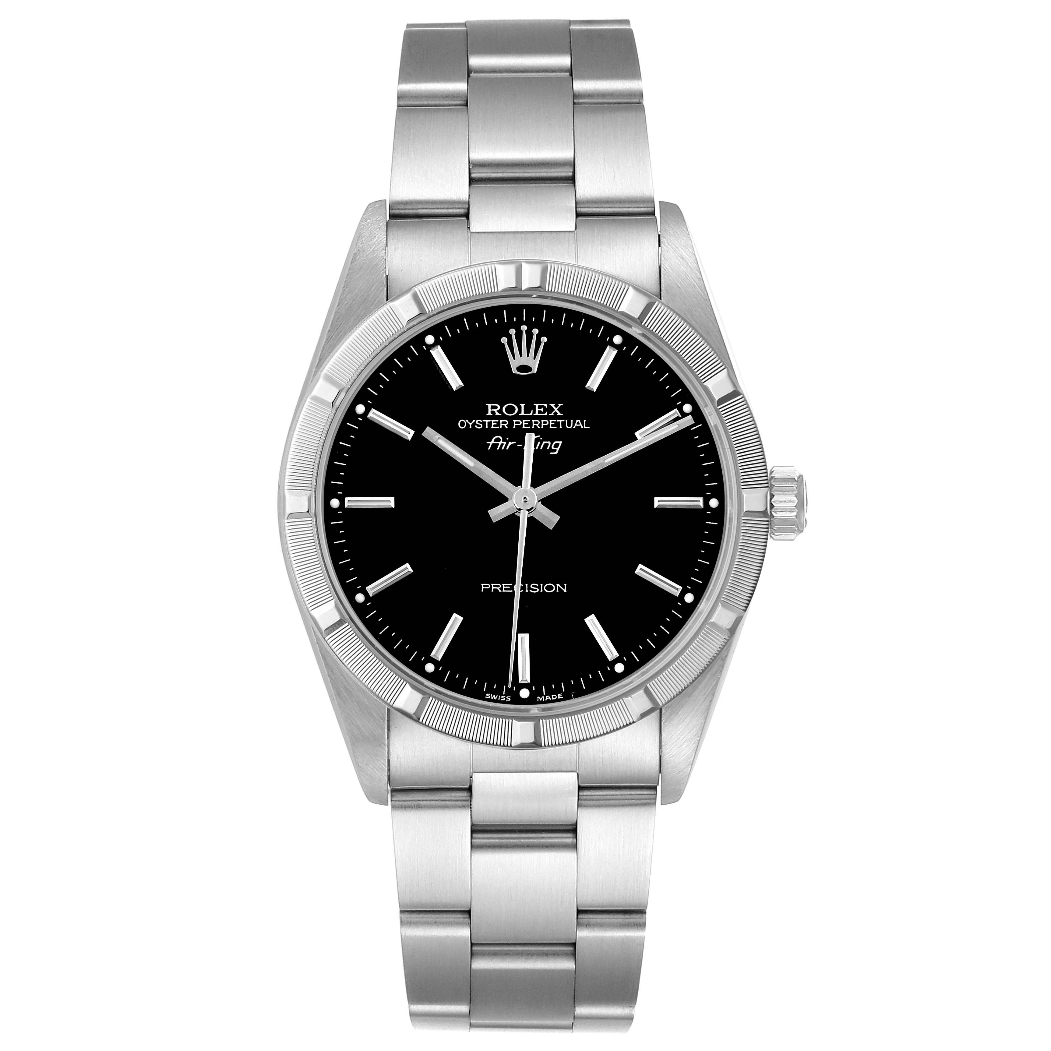 The Rolex Air-King 14010 Men's Stainless Steel Black Dial 14010 Men's Stainless Steel Black Dial watch is shown from a front angle, displaying the dial, bezel, and bracelet.