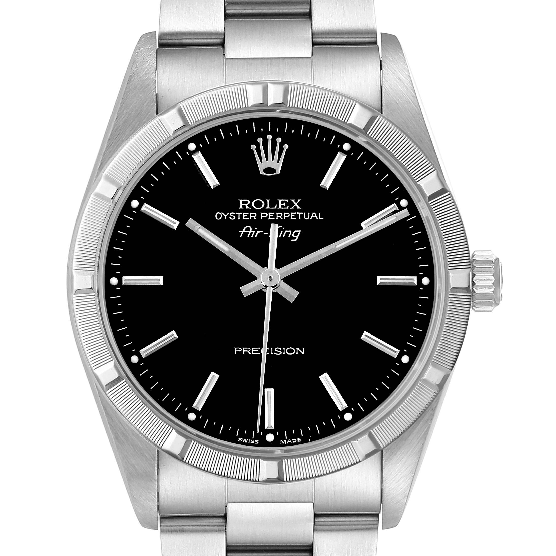 The Rolex Air-King 14010 Men's Stainless Steel Black Dial 14010 Men's Stainless Steel Black Dial watch is shown from a front angle, displaying the case, bezel, dial, hands, and part of the bracelet.