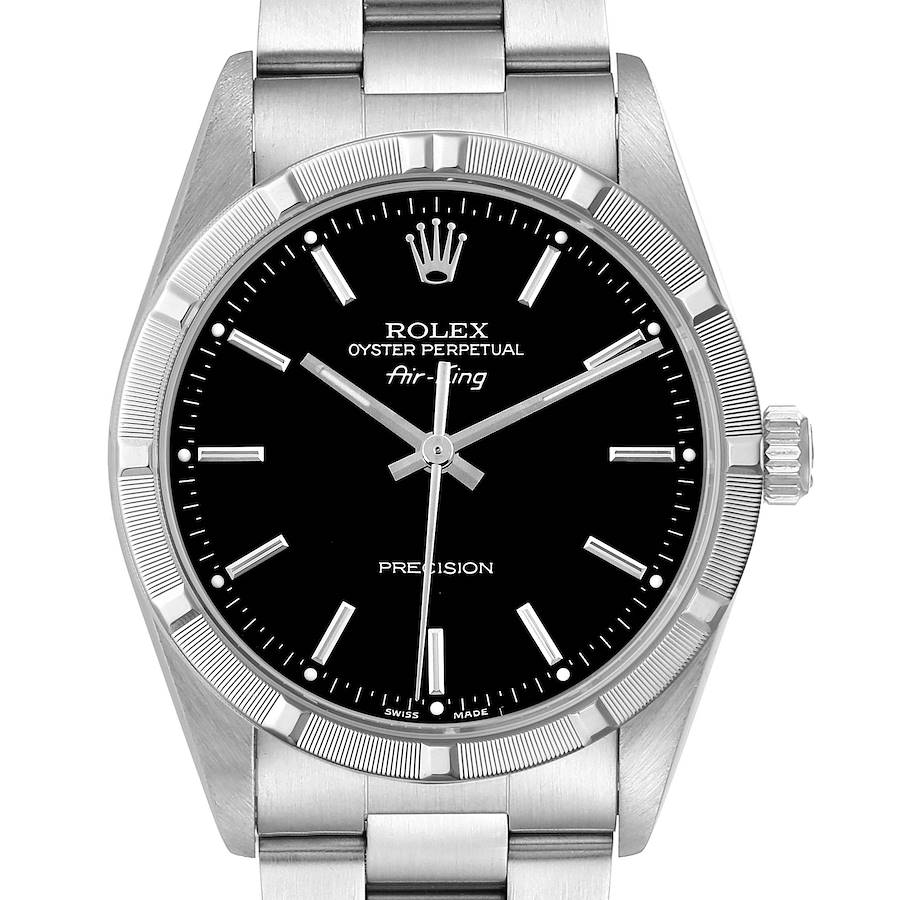 The Rolex Air-King watch is shown from a front angle, displaying the case, bezel, dial, hands, and part of the bracelet.