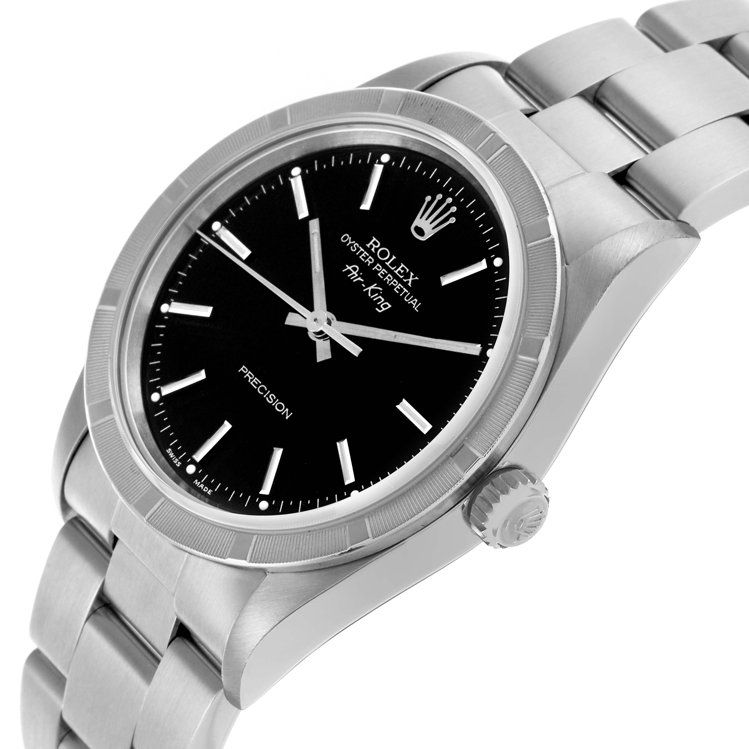The Rolex Air-King 14010 Men's Stainless Steel Black Dial 14010 Men's Stainless Steel Black Dial watch is shown at a tilted angle, displaying the dial, bezel, crown, and part of the bracelet.