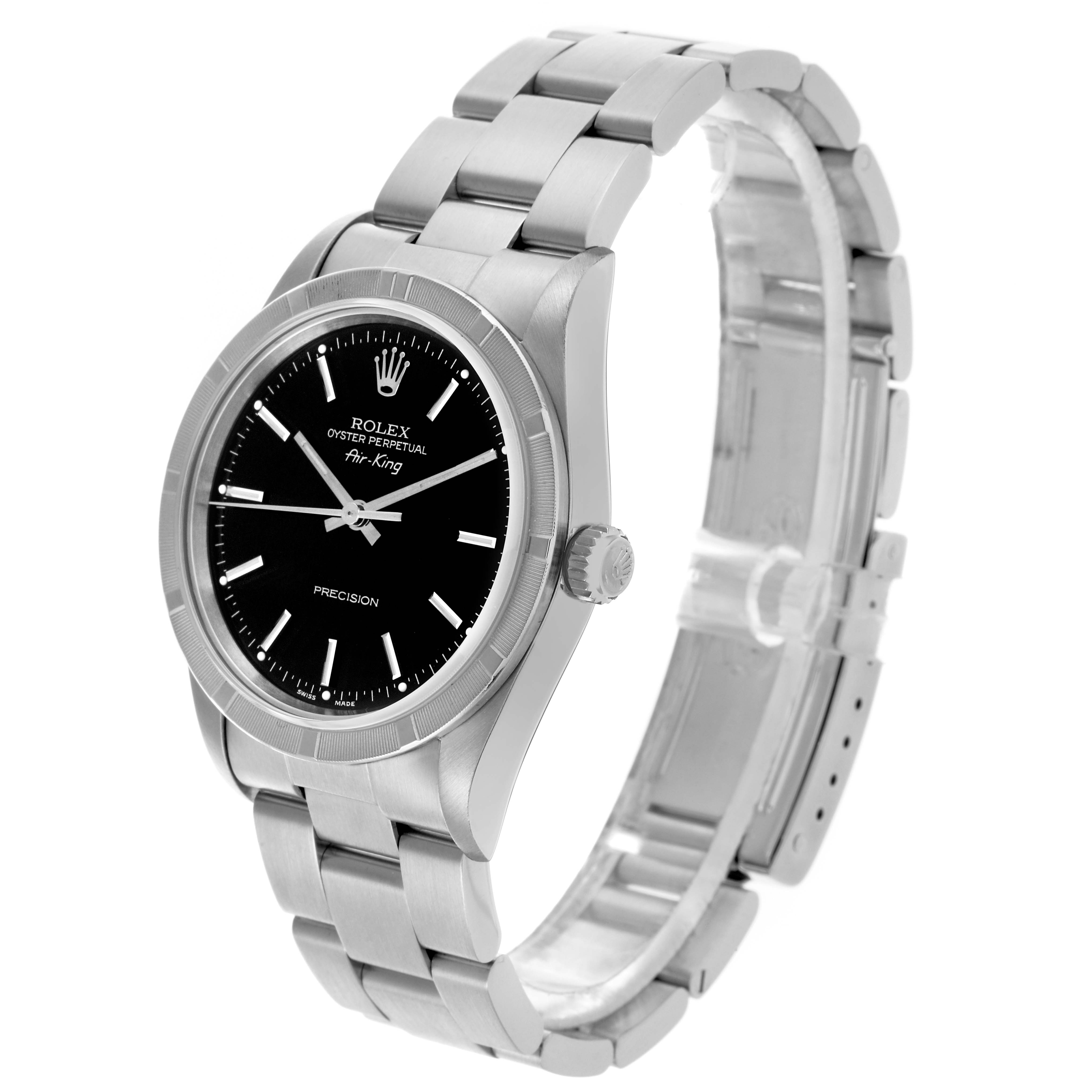 The Rolex Air-King 14010 Men's Stainless Steel Black Dial 14010 Men's Stainless Steel Black Dial watch is shown in a three-quarter angle, featuring the case, dial, crown, and part of the bracelet.