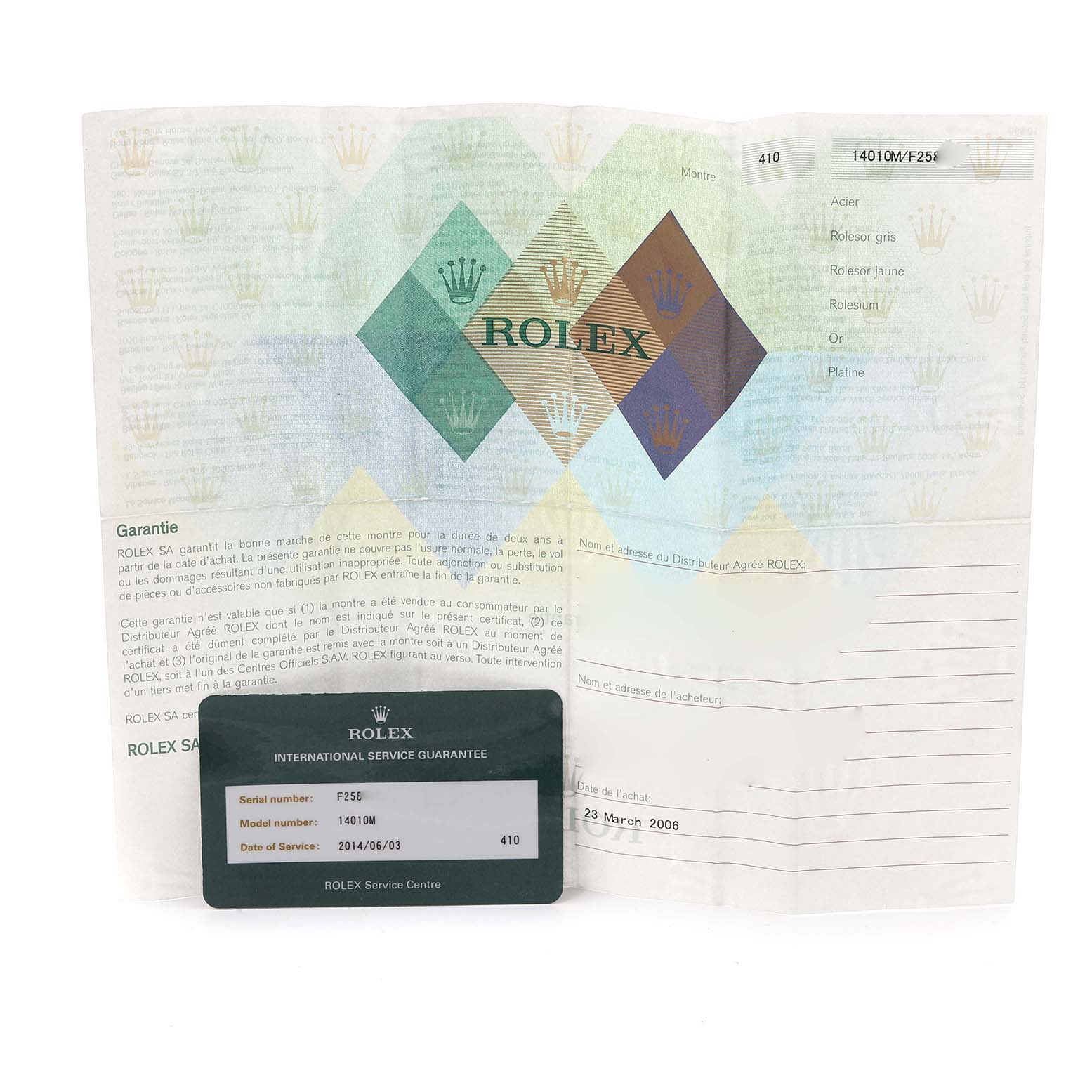 The image shows a Rolex Air-King 14010M Men's Stainless Steel Black Dial 14010M Men's Stainless Steel Black Dial warranty certificate and international service guarantee card.