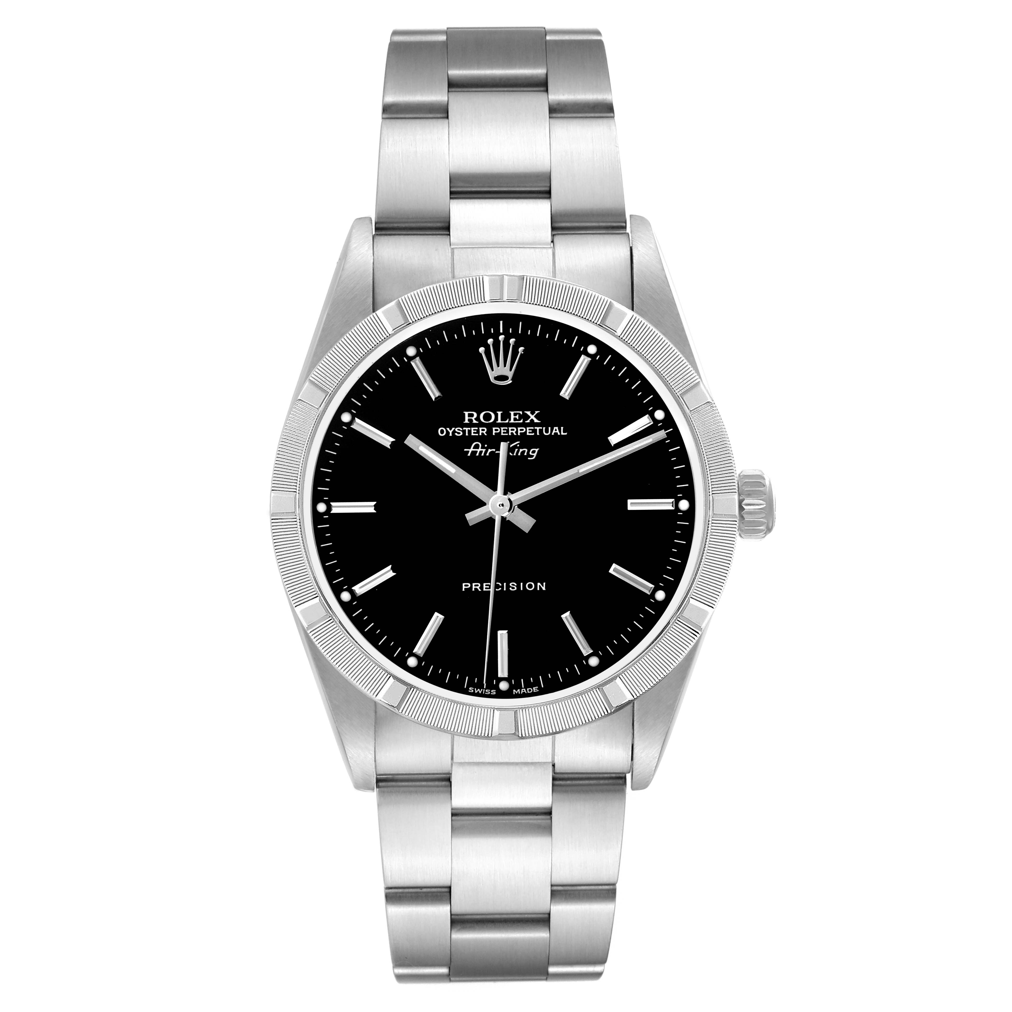 The Rolex Air-King 14010M Men's Stainless Steel Black Dial 14010M Men's Stainless Steel Black Dial watch is shown from a front angle, displaying the dial, bezel, case, and bracelet.