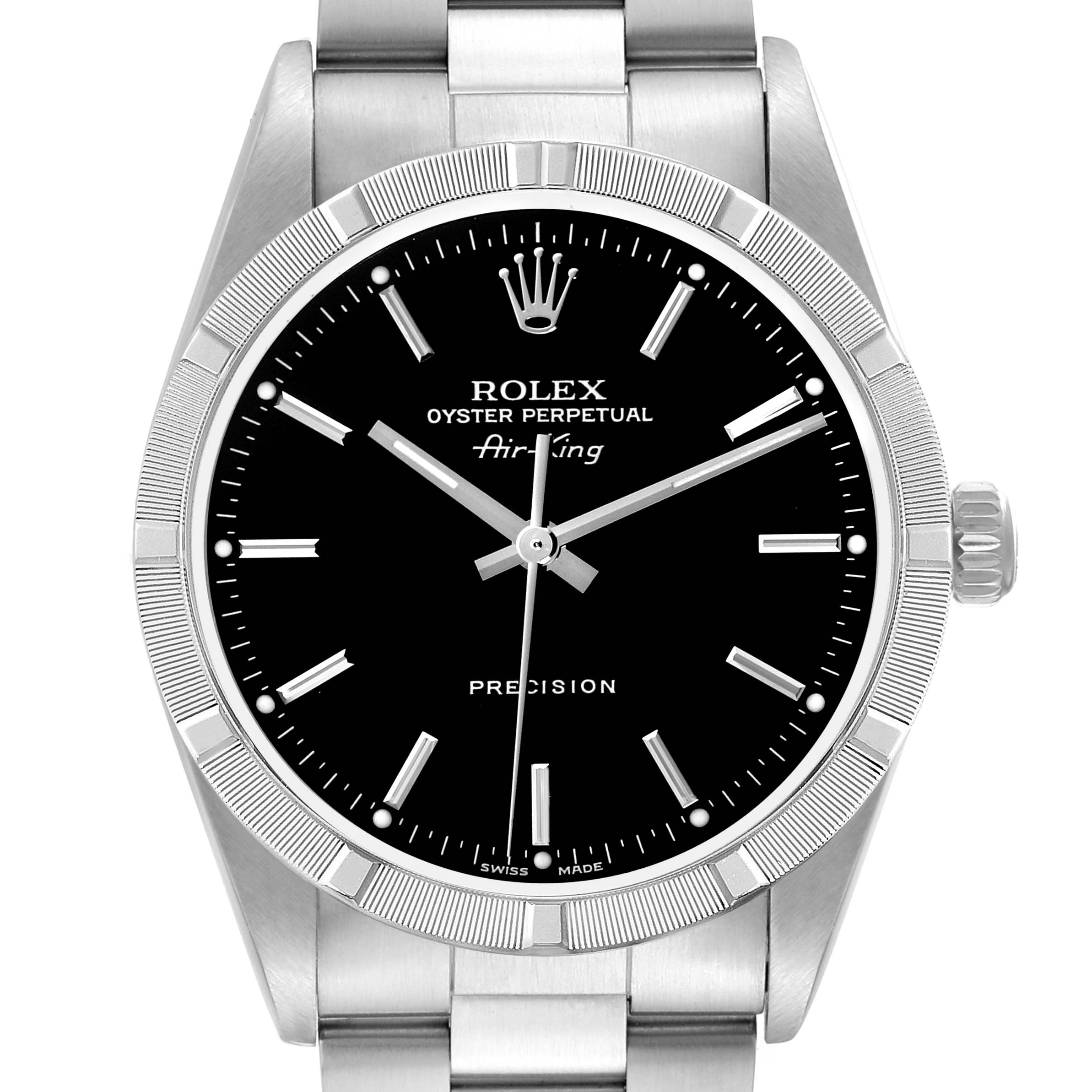 The Rolex Air-King 14010M Men's Stainless Steel Black Dial 14010M Men's Stainless Steel Black Dial watch is shown from the front, displaying its black dial, markers, bezel, and part of the bracelet.