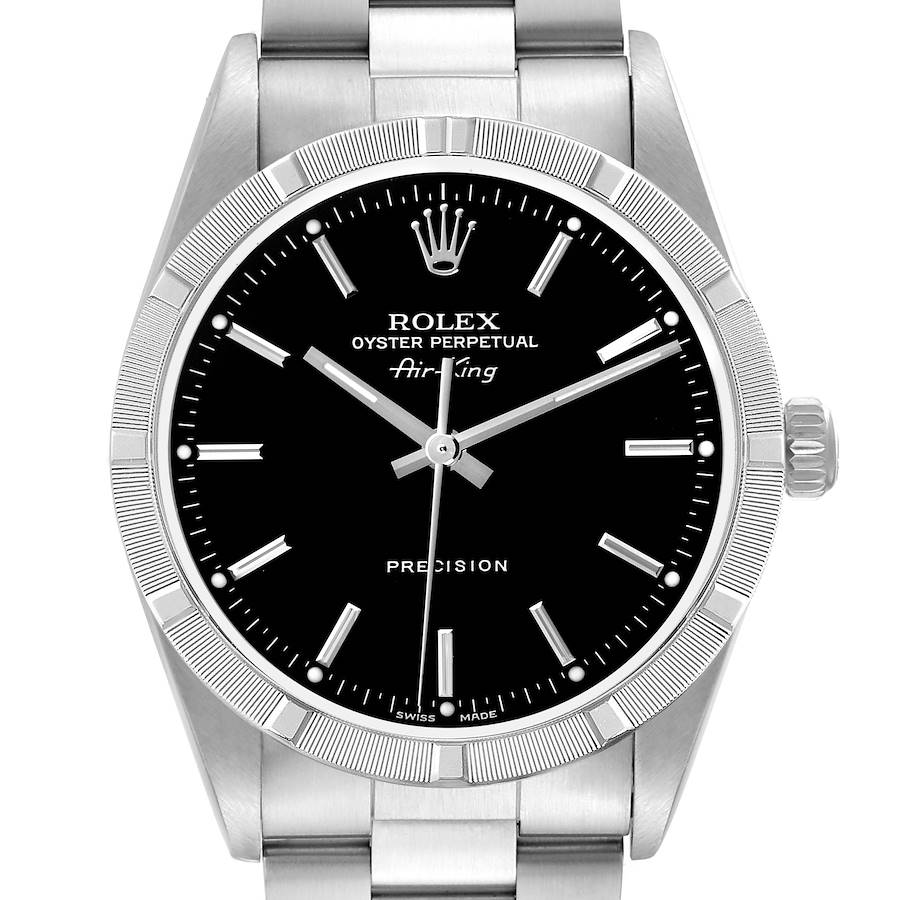 The Rolex Air-King watch is shown from the front, displaying its black dial, markers, bezel, and part of the bracelet.