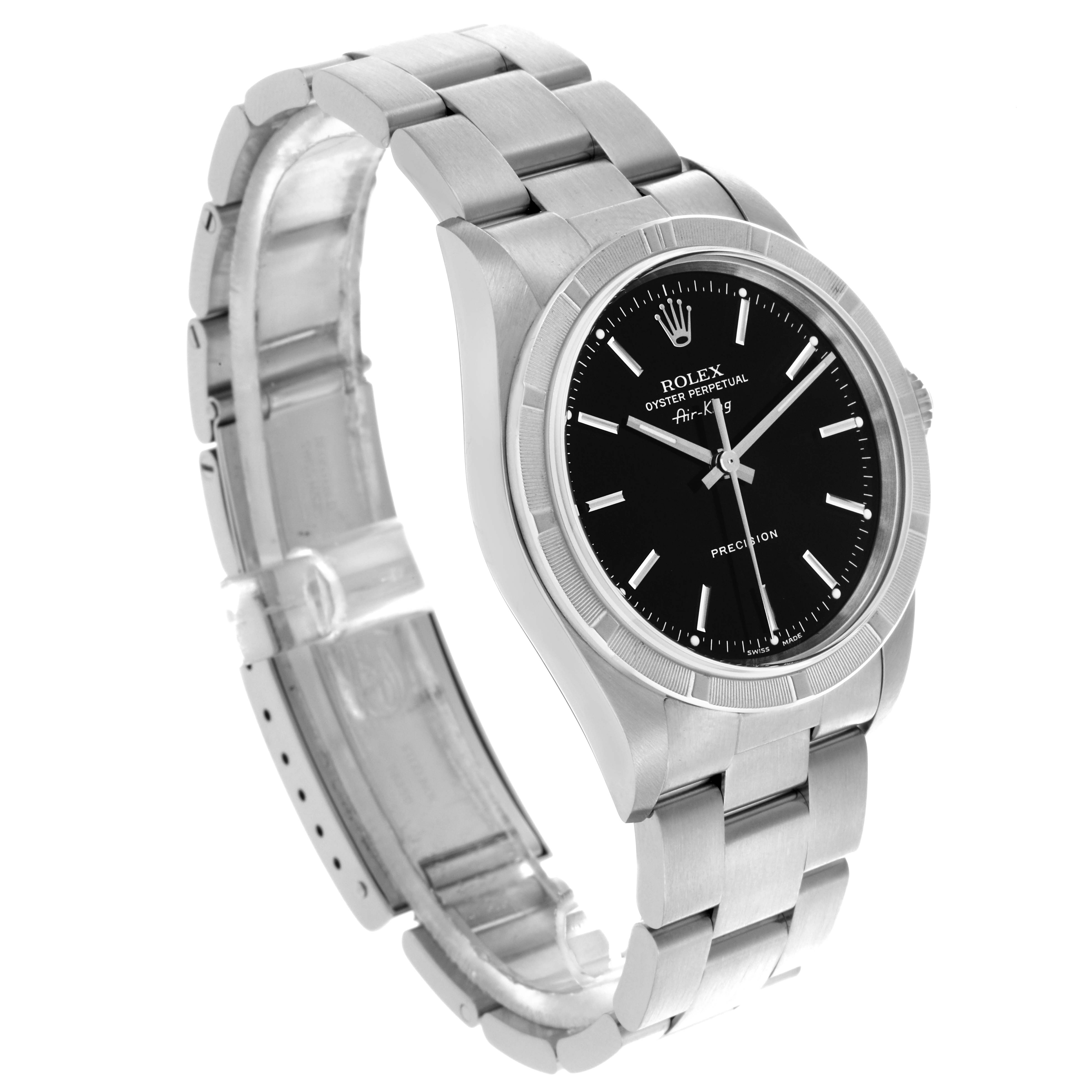 The Rolex Air-King 14010M Men's Stainless Steel Black Dial 14010M Men's Stainless Steel Black Dial watch is shown at an angle displaying the face, bezel, and partially open bracelet.