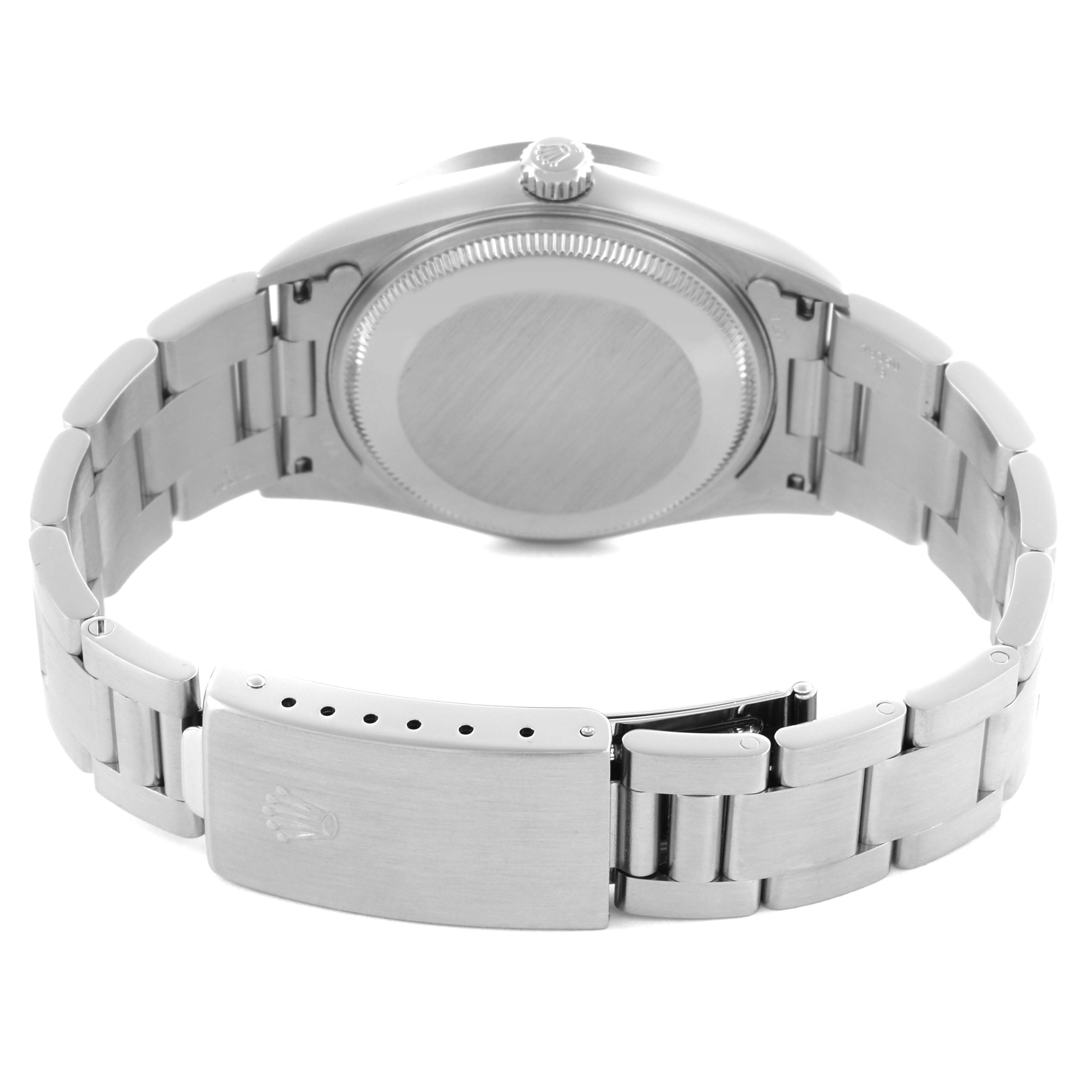 The image shows the back view of a Rolex Air-King 14010M Men's Stainless Steel Black Dial 14010M Men's Stainless Steel Black Dial, highlighting the clasp and bracelet.