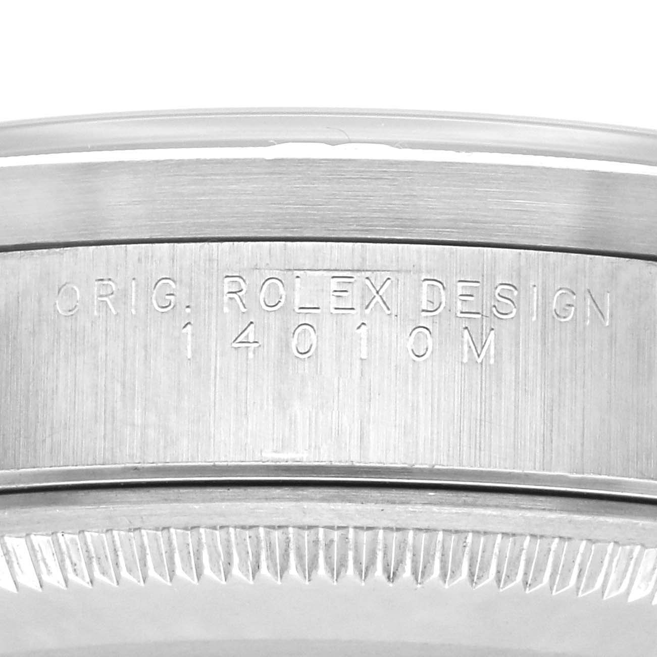 The image shows a close-up of the side of a Rolex Air-King 14010M Men's Stainless Steel Black Dial 14010M Men's Stainless Steel Black Dial watch, highlighting the model number engraved on the case.