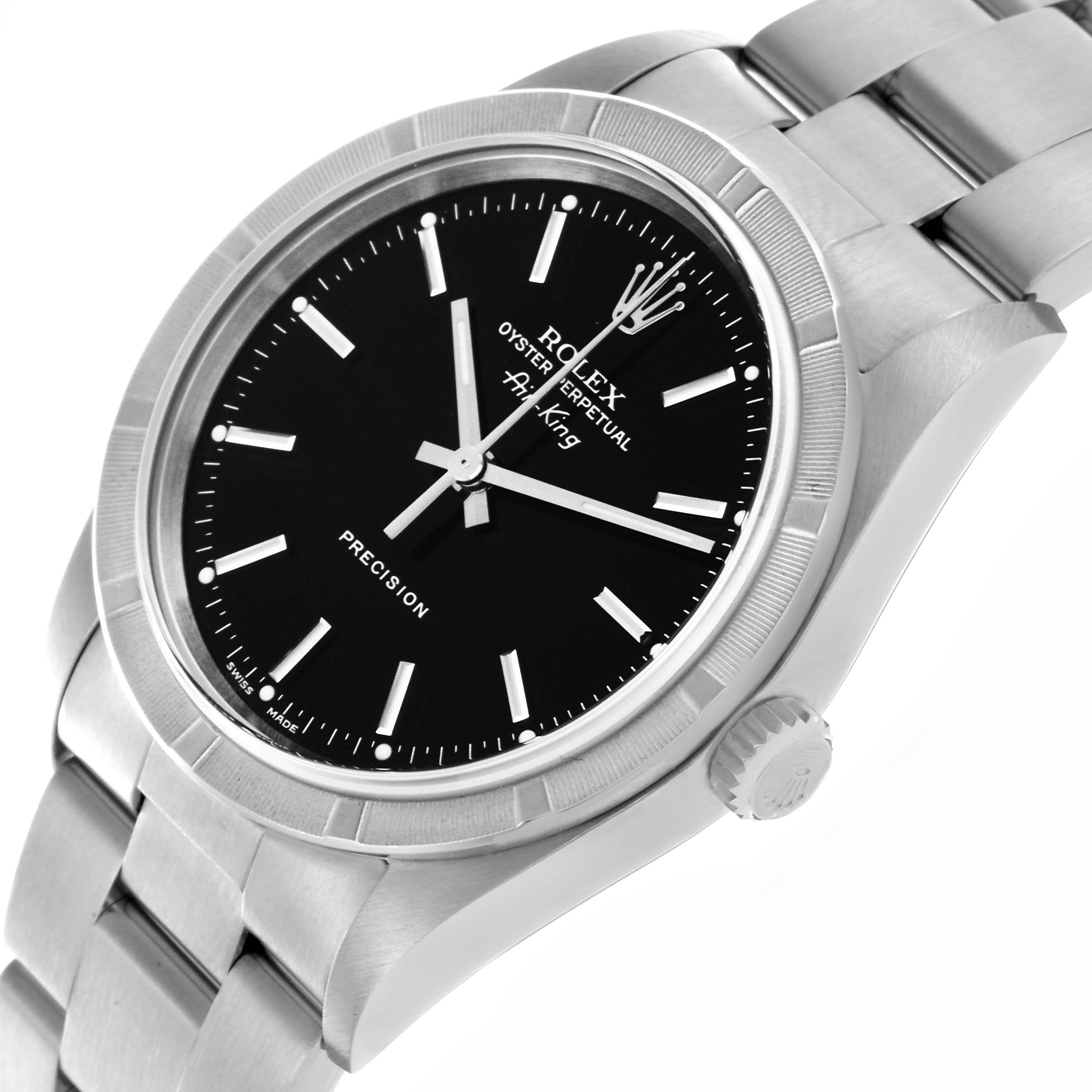 The image shows a Rolex Air-King 14010M Men's Stainless Steel Black Dial 14010M Men's Stainless Steel Black Dial watch at an angled side view, highlighting the dial, bezel, crown, and bracelet.