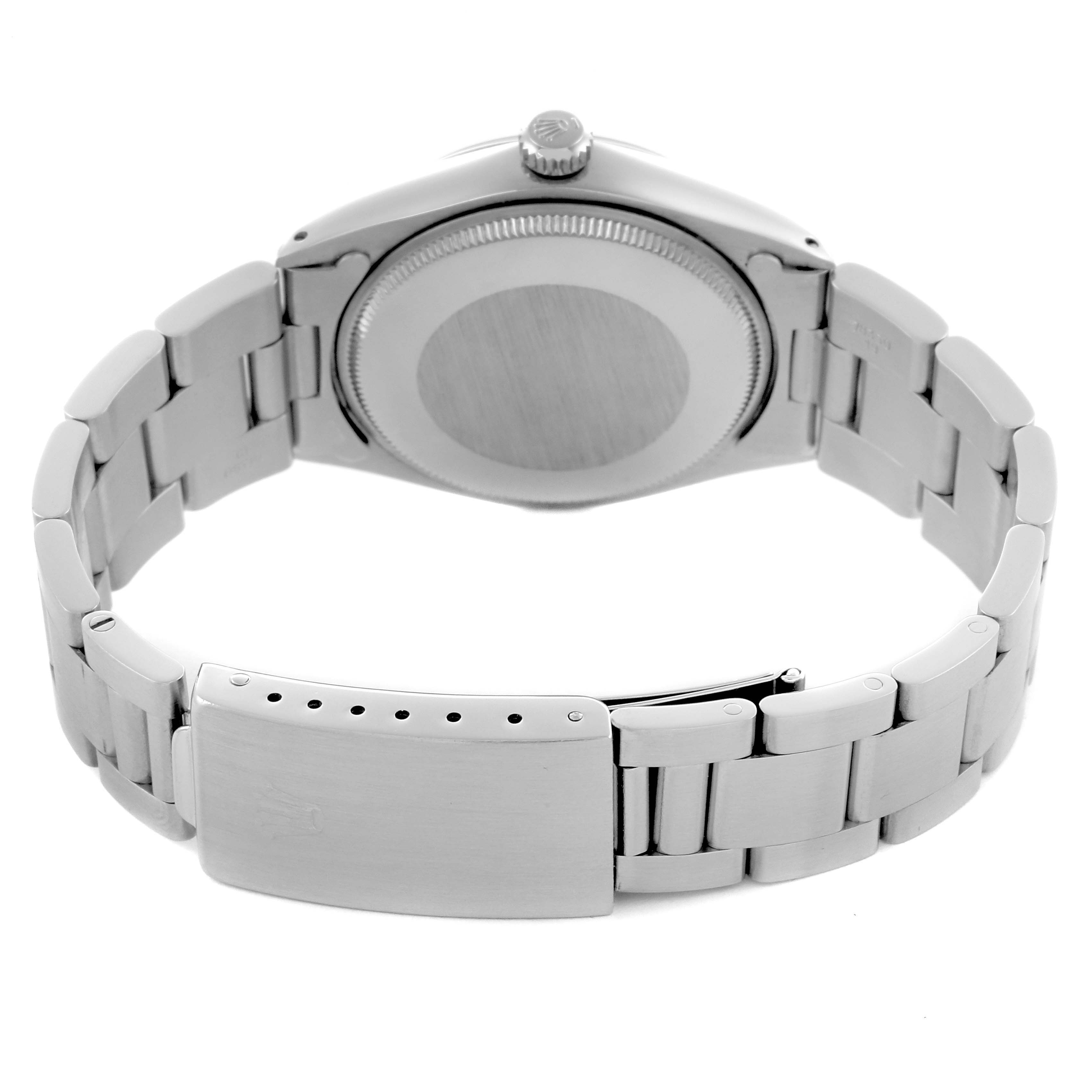 The image shows the back and clasp of a Rolex Air-King 5500 Men's Stainless Steel Silver Dial 5500 Men's Stainless Steel Silver Dial watch, highlighting the bracelet and case back.