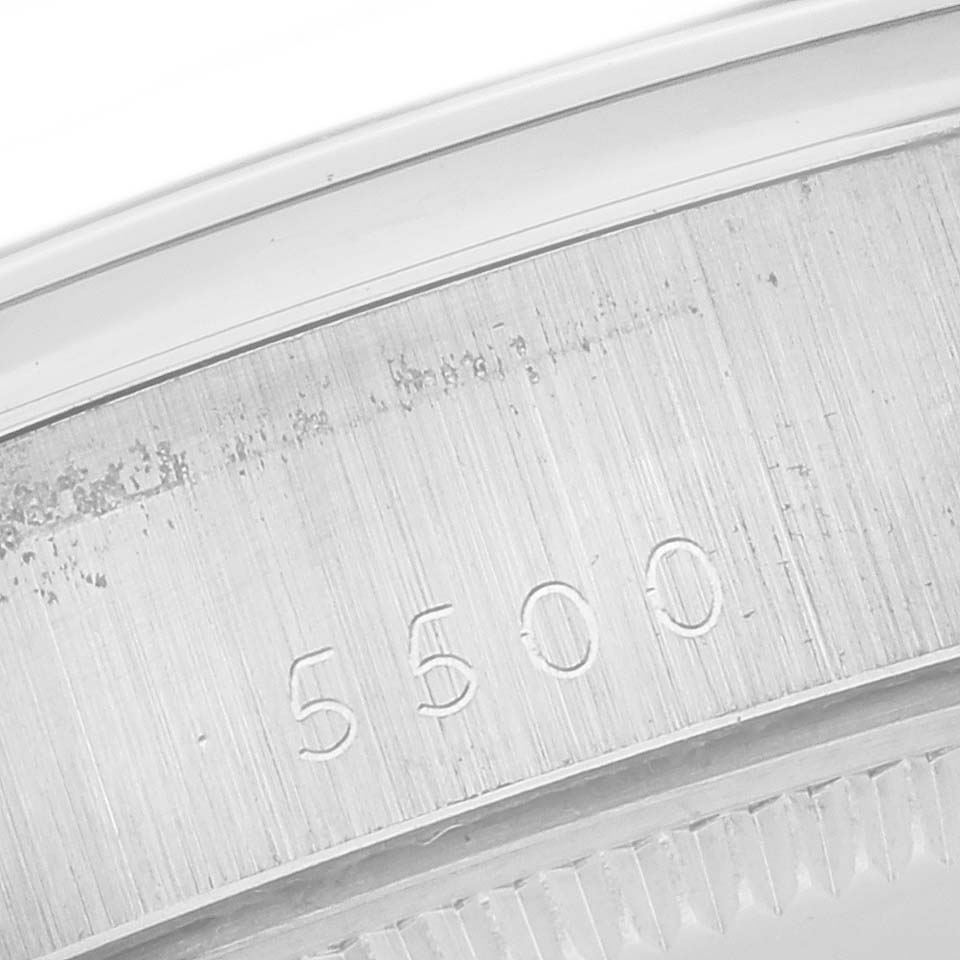 The image shows a close-up side view of the Rolex Air-King 5500 Men's Stainless Steel Silver Dial 5500 Men's Stainless Steel Silver Dial model 5500 case, highlighting its engraved model number.