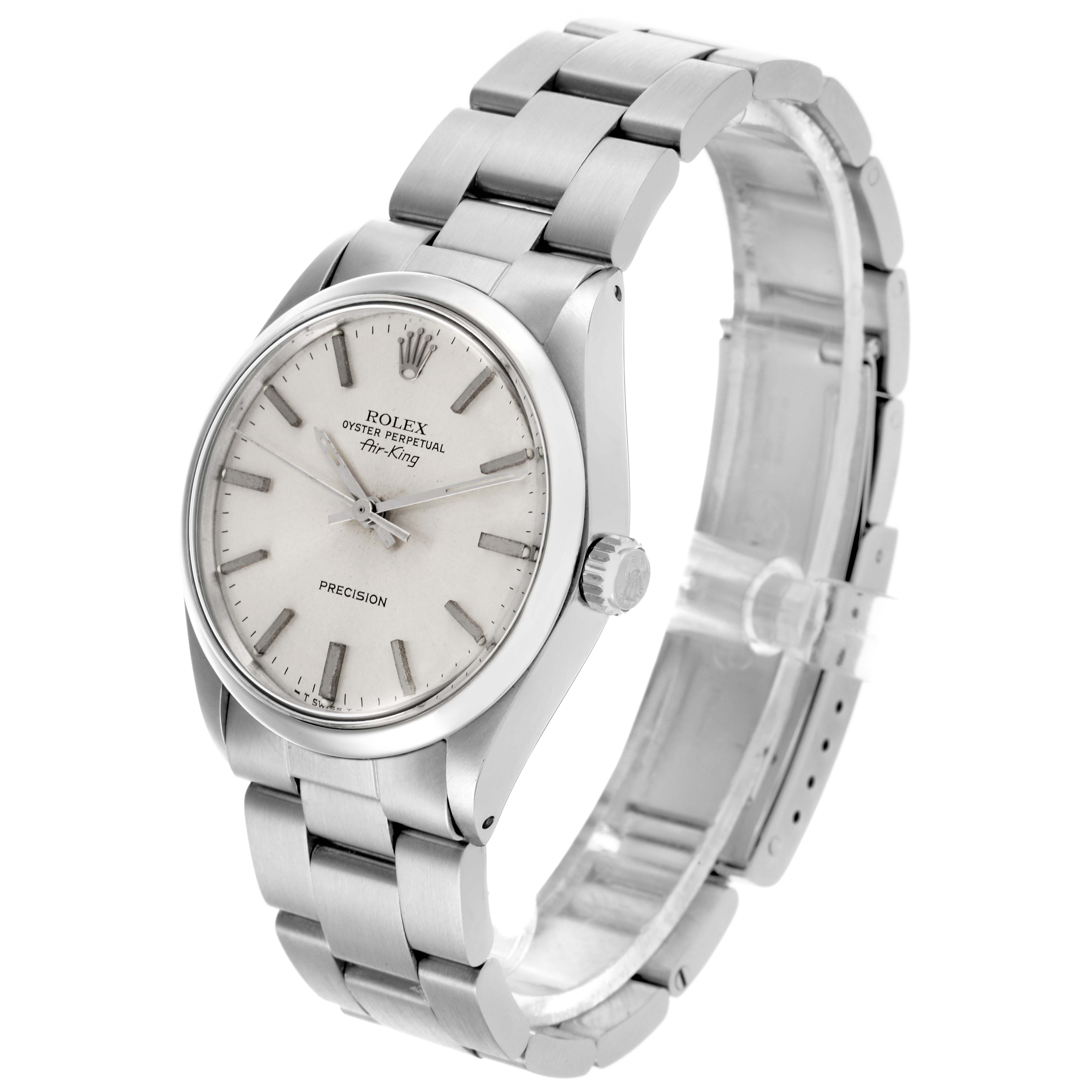 The Rolex Air-King 5500 Men's Stainless Steel Silver Dial 5500 Men's Stainless Steel Silver Dial watch is shown at a three-quarter angle, displaying the face, bezel, crown, and part of the bracelet.