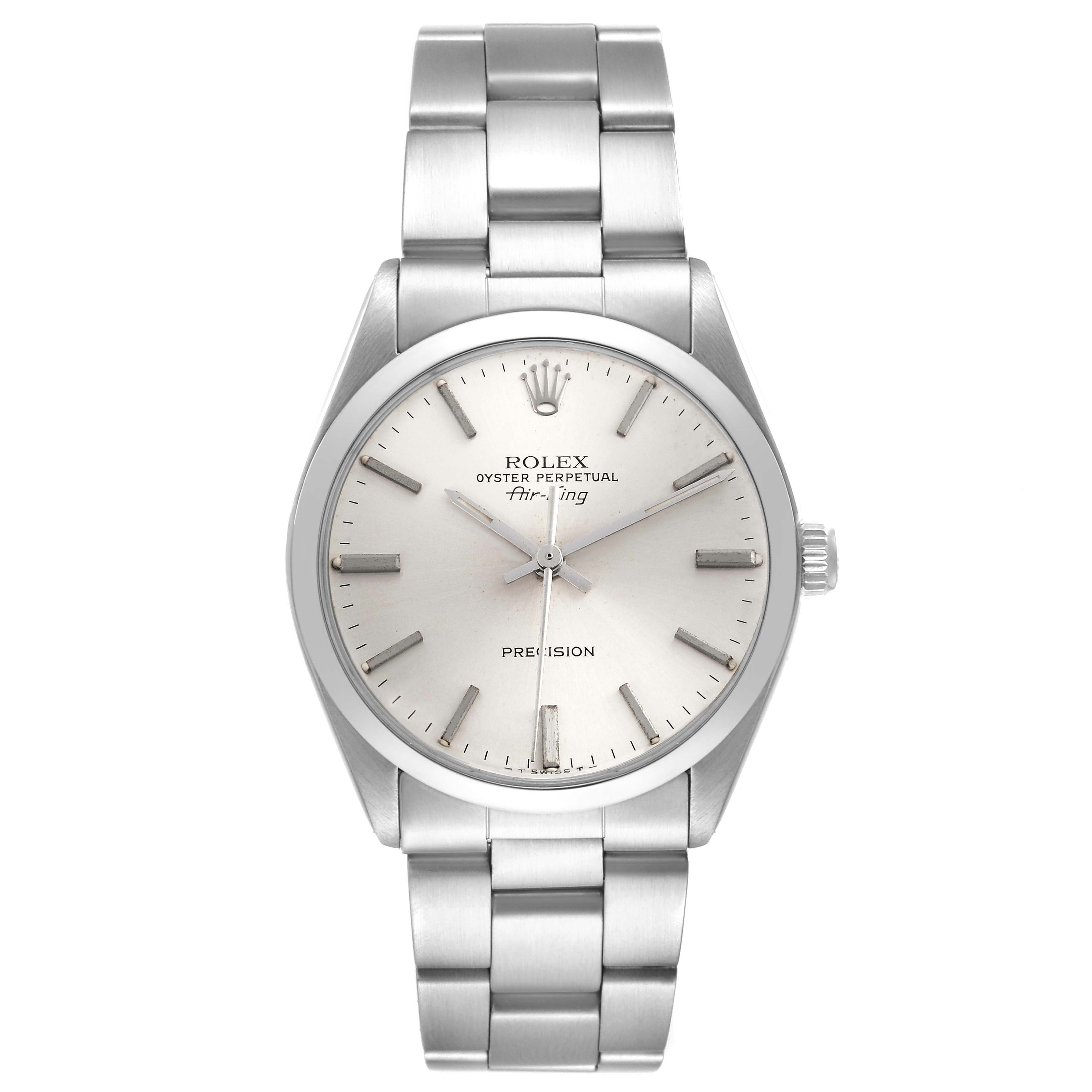 The Rolex Air-King 5500 Men's Stainless Steel Silver Dial 5500 Men's Stainless Steel Silver Dial watch is shown from the front, displaying the dial, hands, bracelet, and crown.