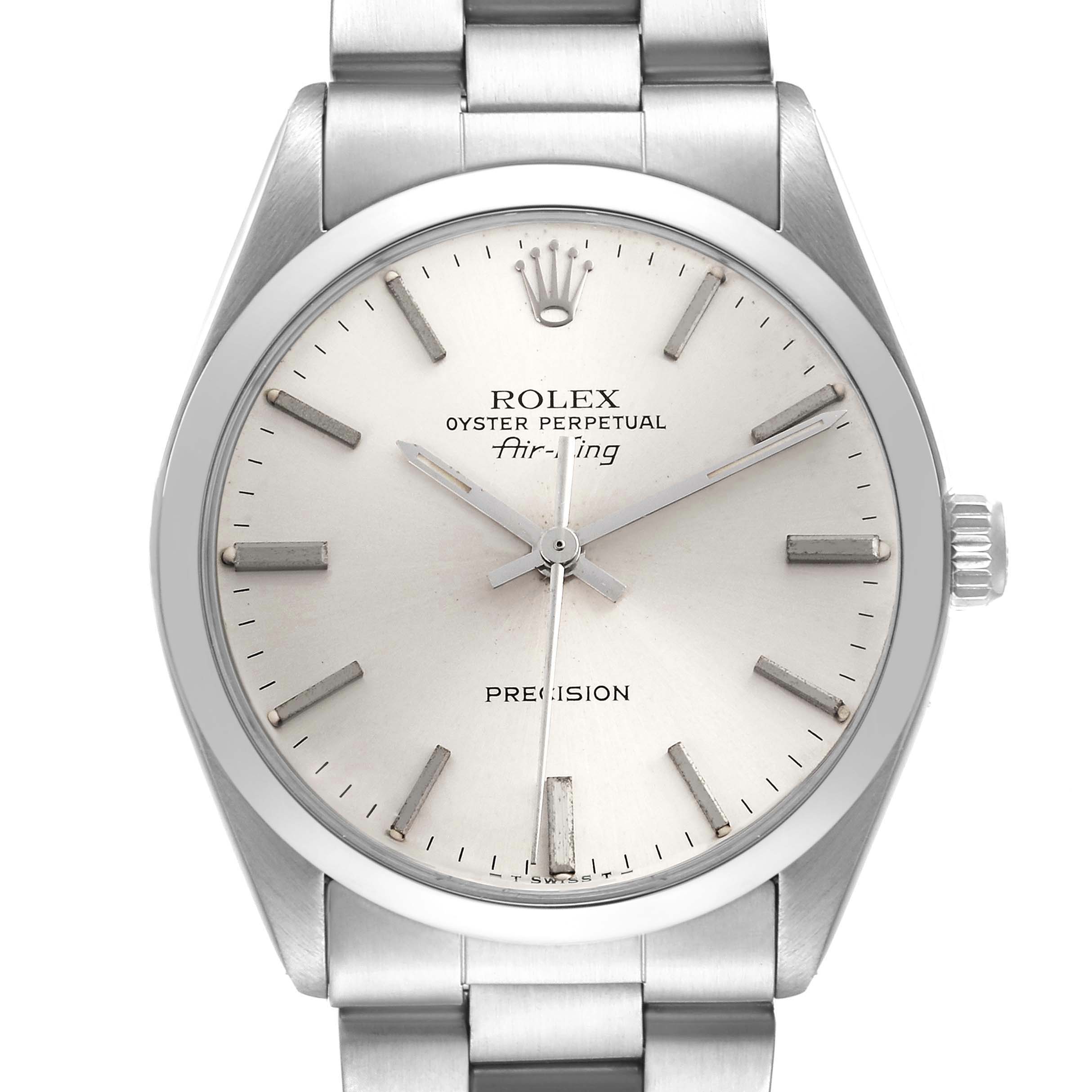 The image shows a front view of the Rolex Air-King 5500 Men's Stainless Steel Silver Dial 5500 Men's Stainless Steel Silver Dial watch, displaying the dial, hands, crown, and part of the bracelet.