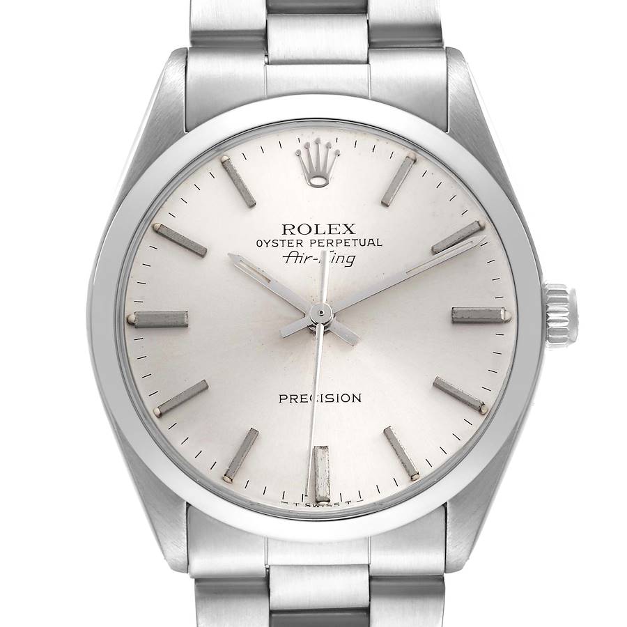 The image shows a front view of the Rolex Air-King watch, displaying the dial, hands, crown, and part of the bracelet.