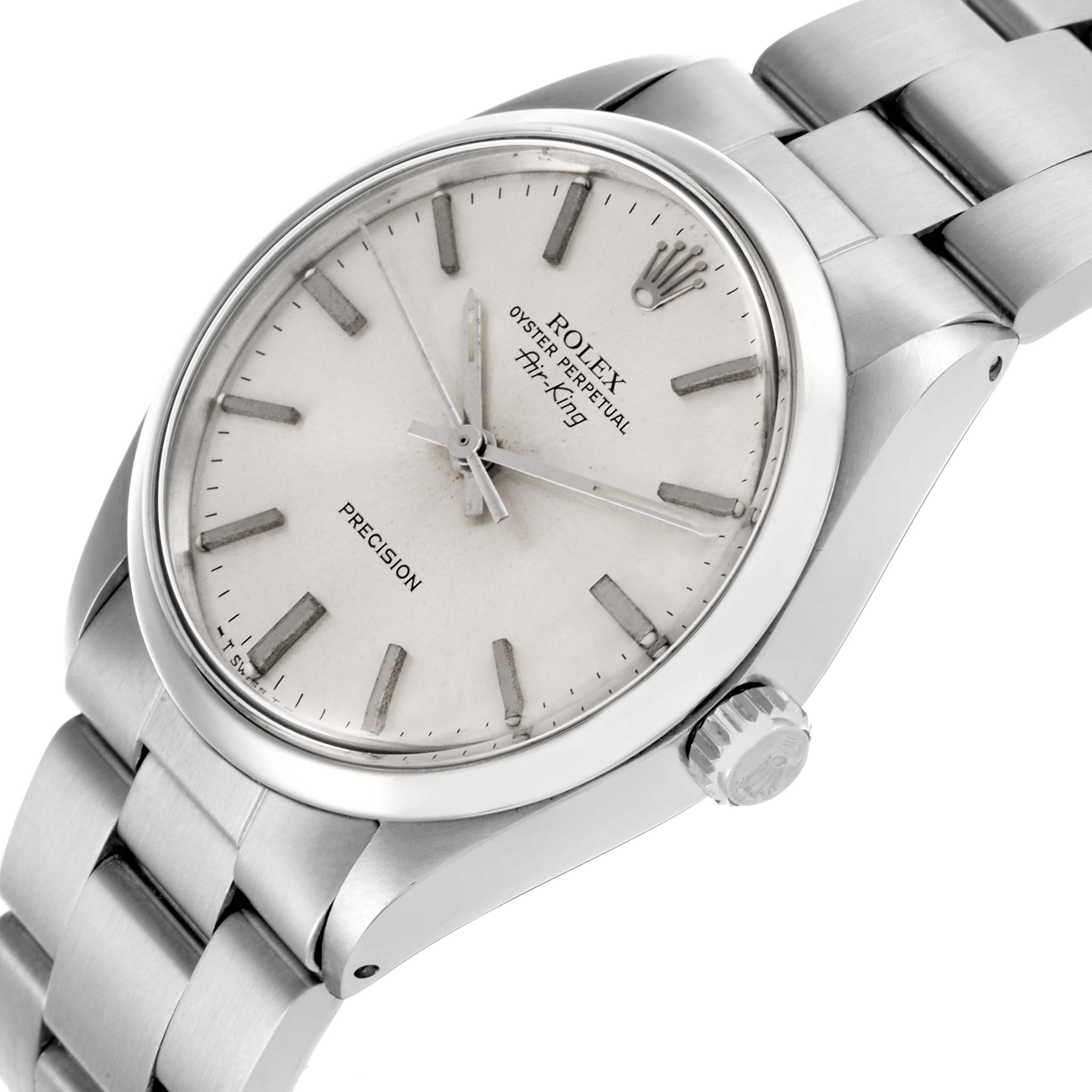 The image shows the Rolex Air-King 5500 Men's Stainless Steel Silver Dial 5500 Men's Stainless Steel Silver Dial watch at an angled view, highlighting the face, crown, and part of the bracelet.