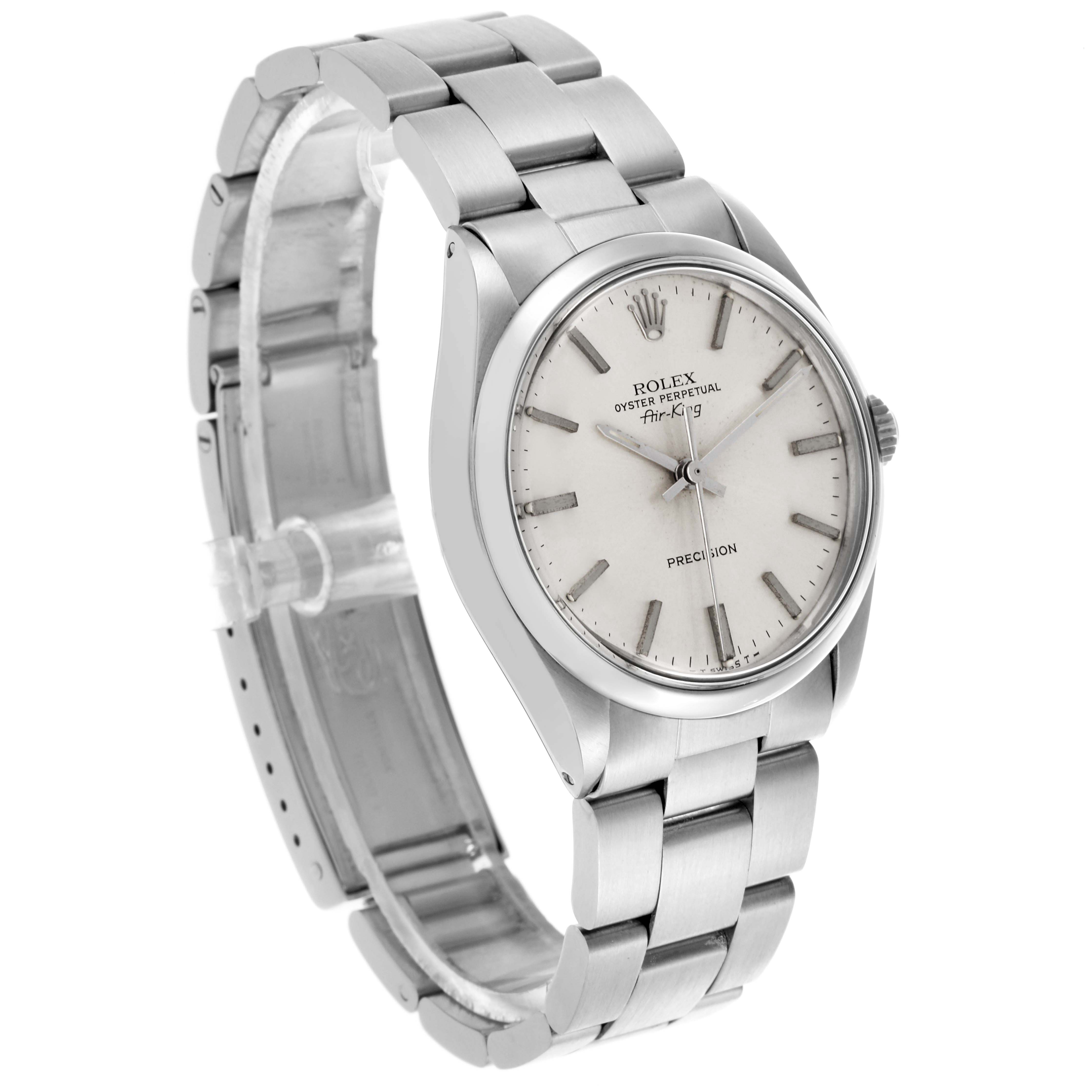 The Rolex Air-King 5500 Men's Stainless Steel Silver Dial 5500 Men's Stainless Steel Silver Dial watch is shown at a three-quarter angle, highlighting the face, bezel, bracelet, and clasp.