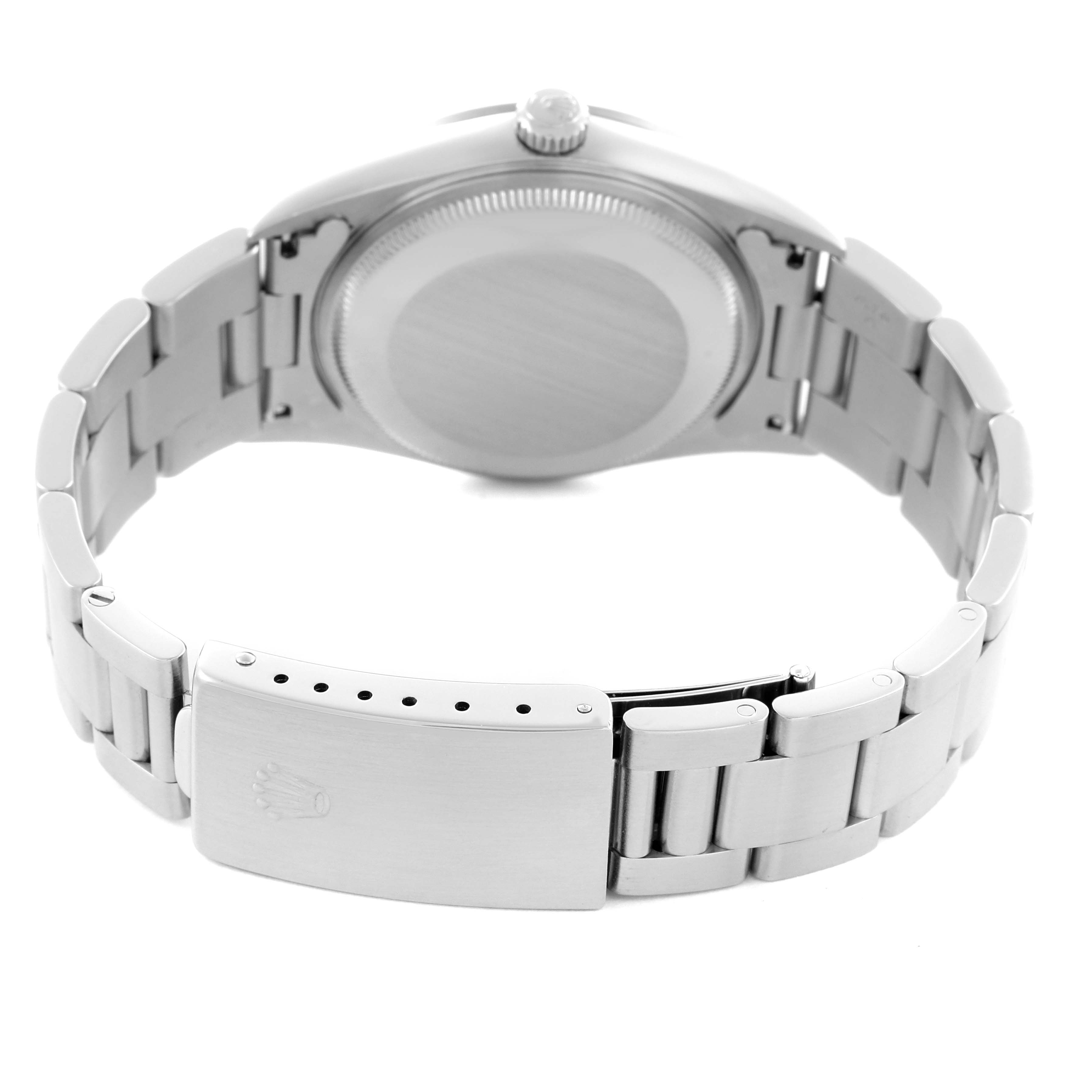 The image shows a rear view of a Rolex Air-King 14000 Men's Stainless Steel Pink Dial 14000 Men's Stainless Steel Pink Dial with the case back and bracelet clasp visible.