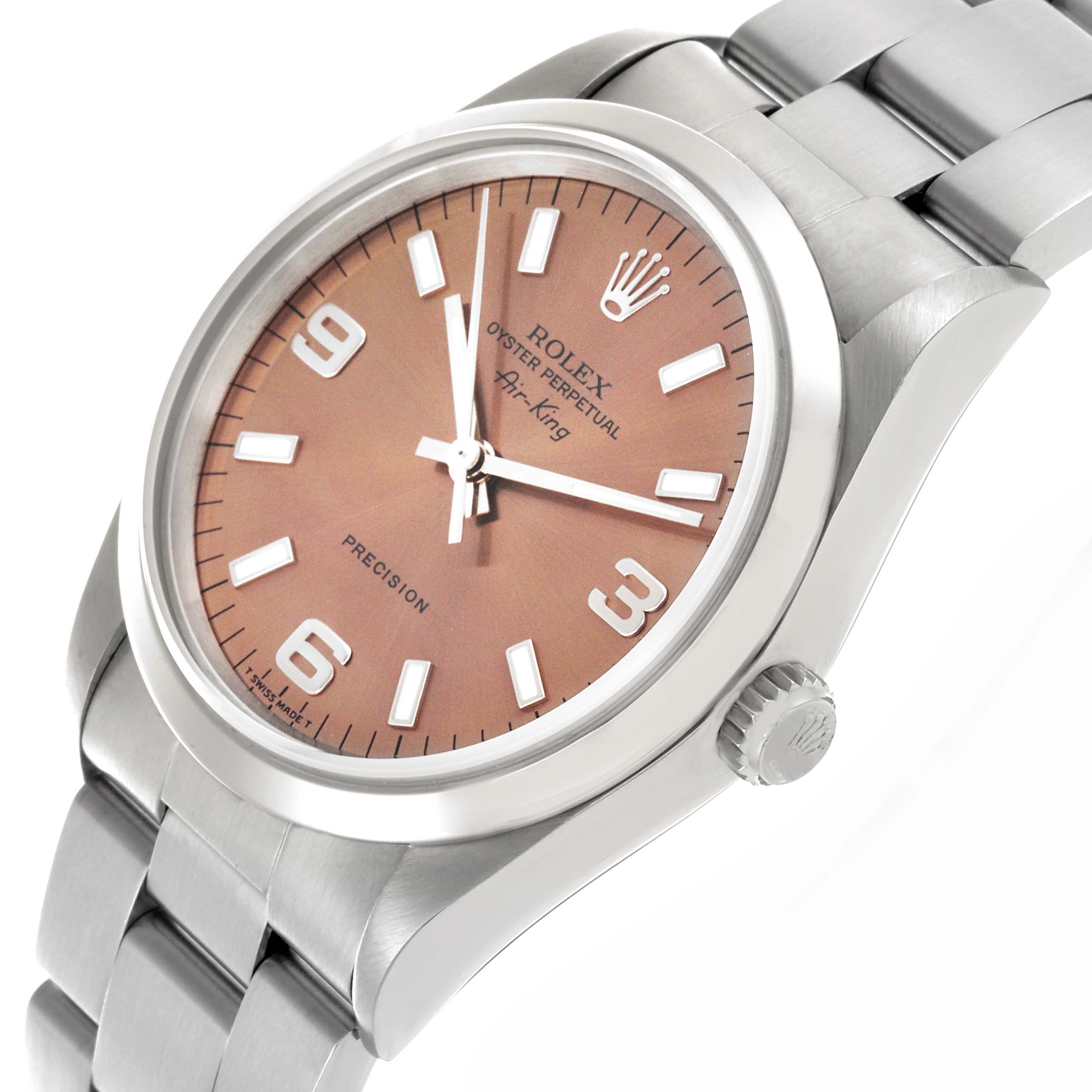 The Rolex Air-King 14000 Men's Stainless Steel Pink Dial 14000 Men's Stainless Steel Pink Dial watch is shown from a three-quarter angle, displaying the dial, crown, and bracelet.