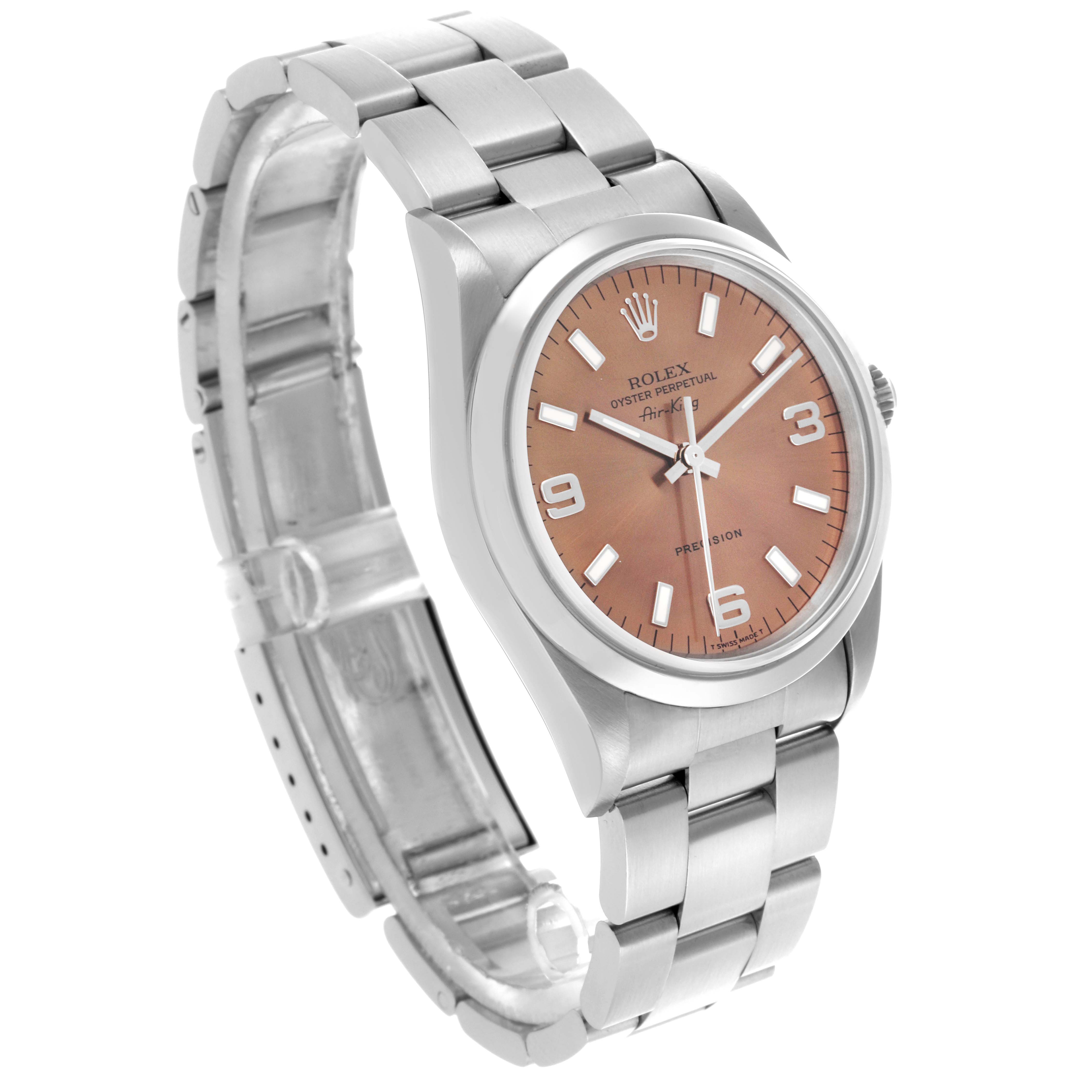 The Rolex Air-King 14000 Men's Stainless Steel Pink Dial 14000 Men's Stainless Steel Pink Dial watch is shown at a side angle, highlighting the face, bezel, and bracelet.