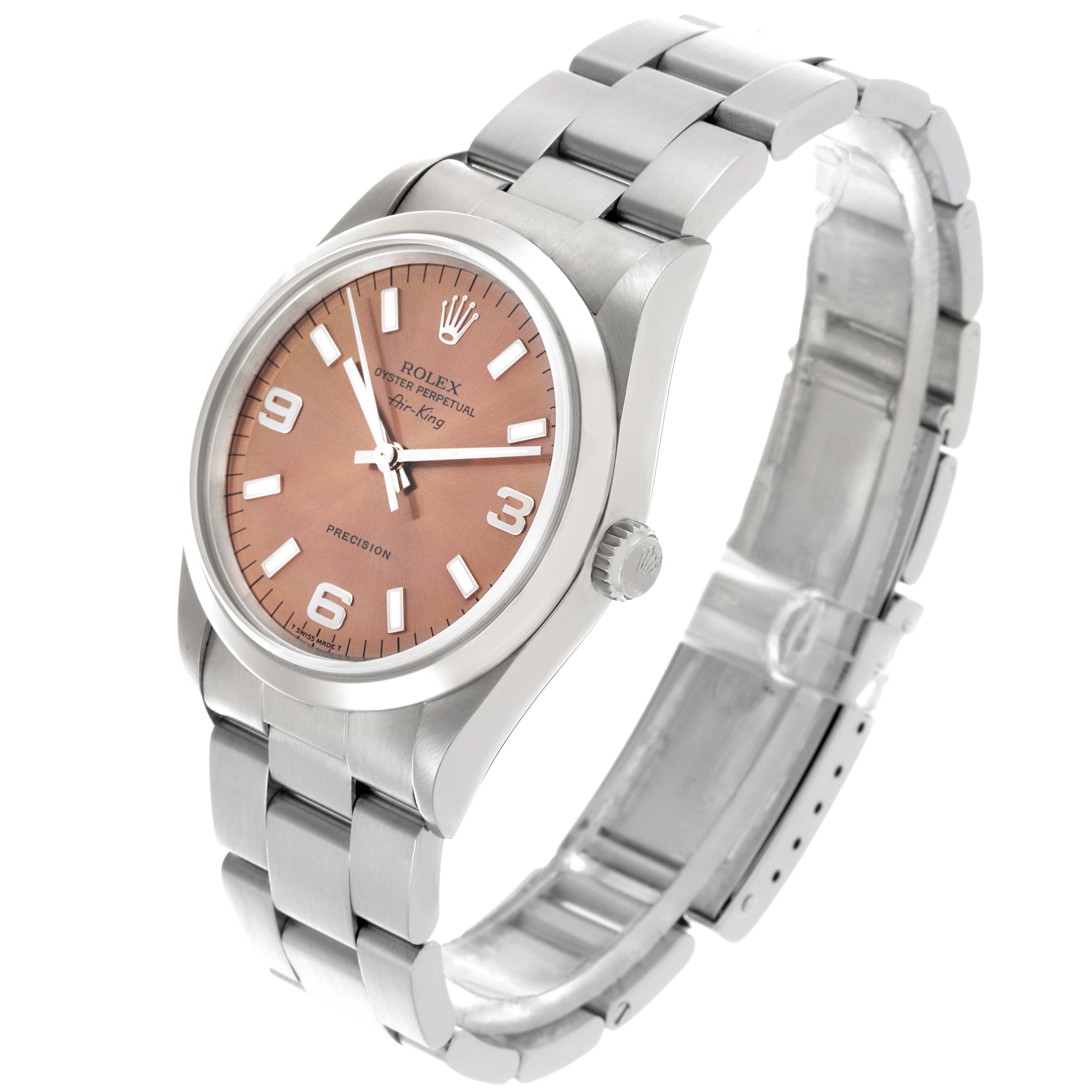 The Rolex Air-King 14000 Men's Stainless Steel Pink Dial 14000 Men's Stainless Steel Pink Dial watch is shown at a three-quarter angle, highlighting the face, bezel, and part of the bracelet.