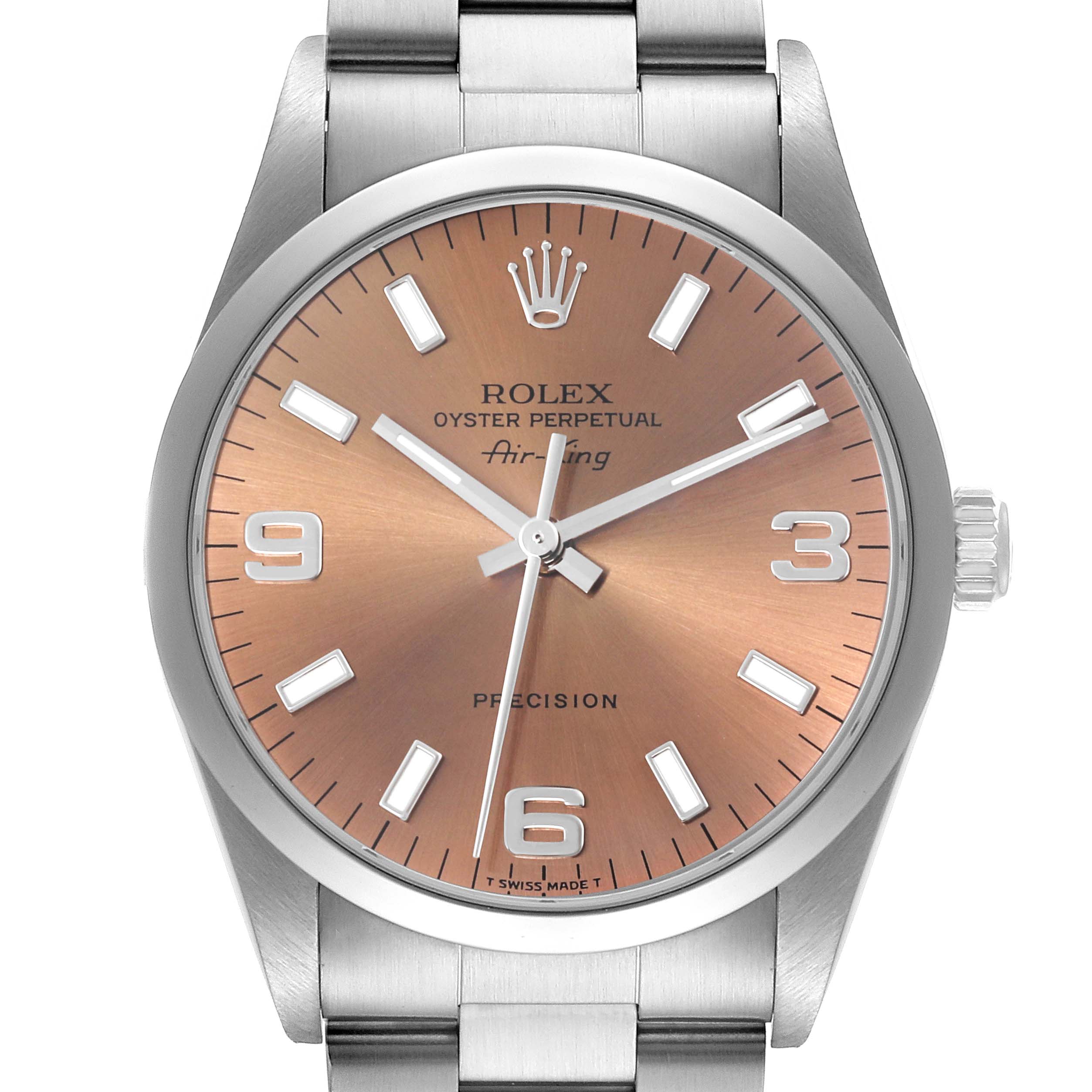The Rolex Air-King 14000 Men's Stainless Steel Pink Dial 14000 Men's Stainless Steel Pink Dial watch is shown from a front view, highlighting its dial and bracelet.