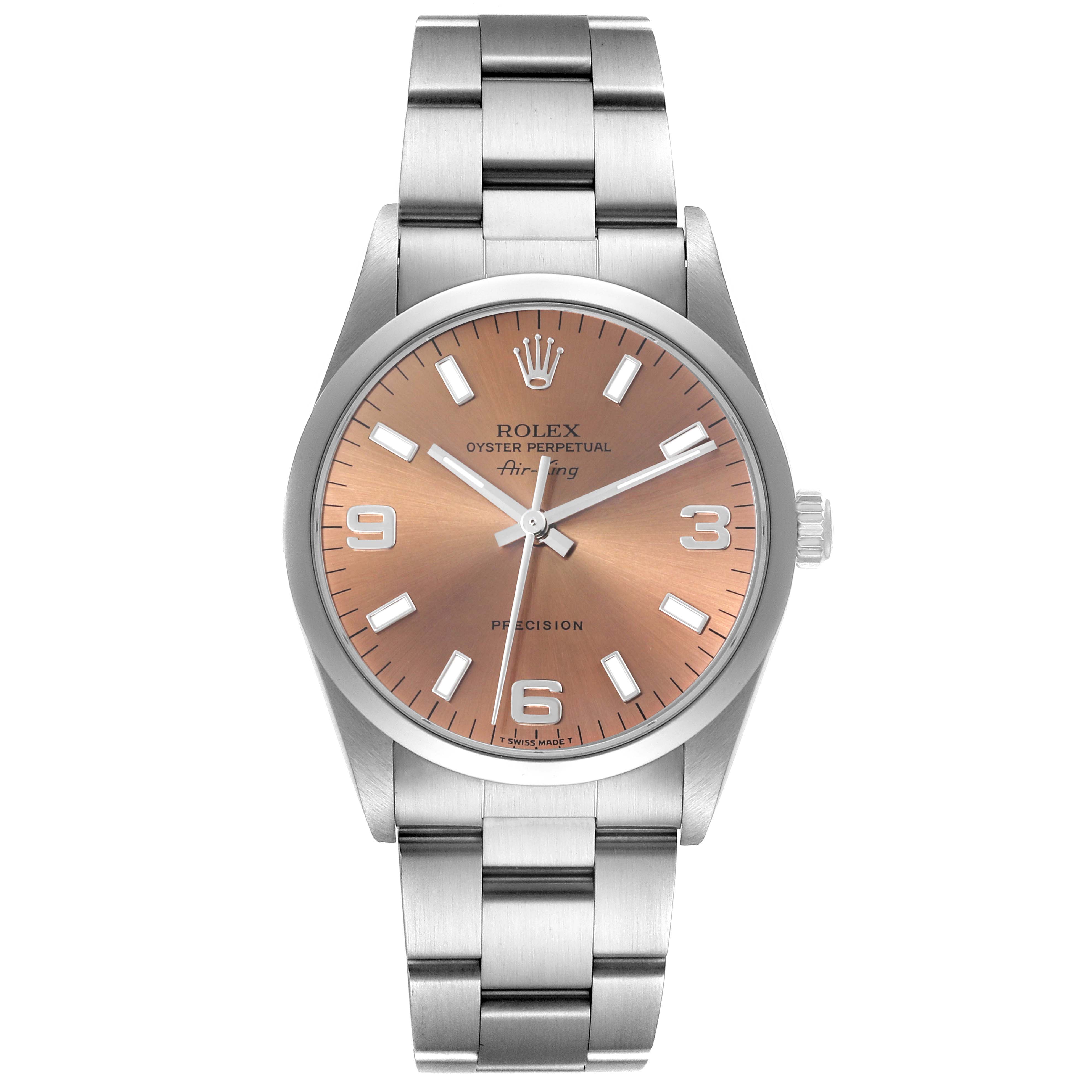 The Rolex Air-King 14000 Men's Stainless Steel Pink Dial 14000 Men's Stainless Steel Pink Dial watch is shown from a front angle, displaying the dial, bracelet, and crown.