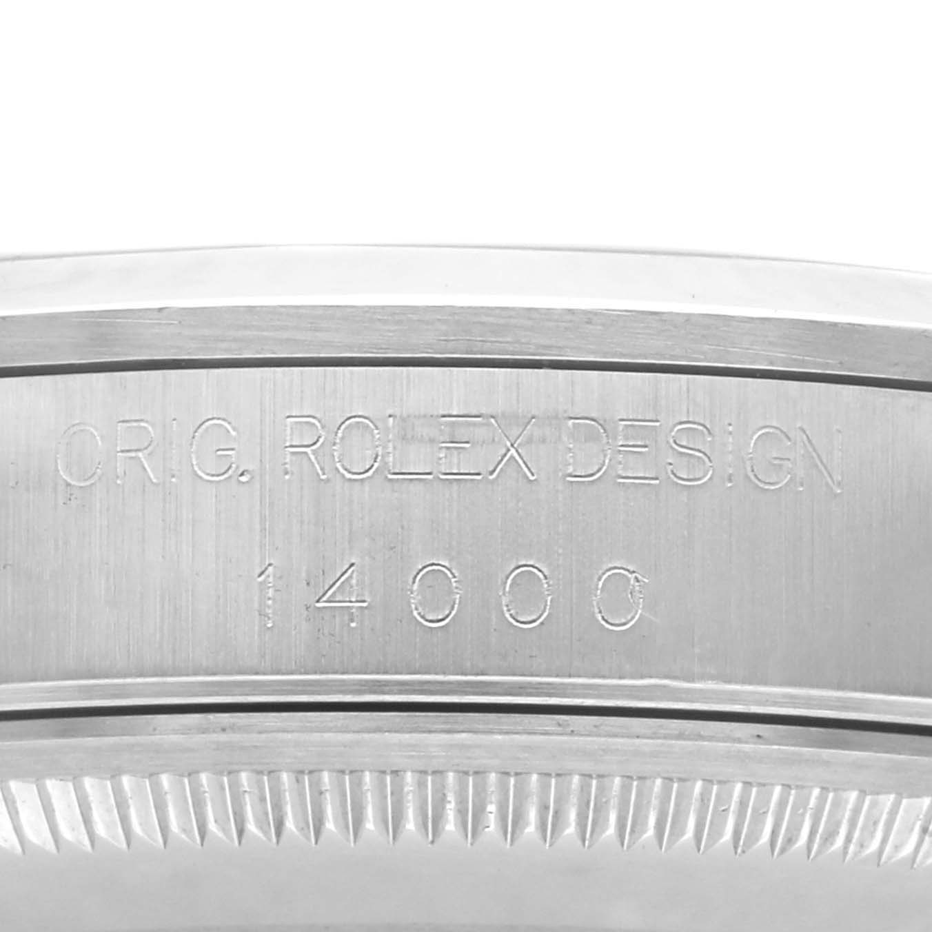 The image shows the side of a Rolex Air-King 14000 Men's Stainless Steel Pink Dial 14000 Men's Stainless Steel Pink Dial watch case with engraving details.