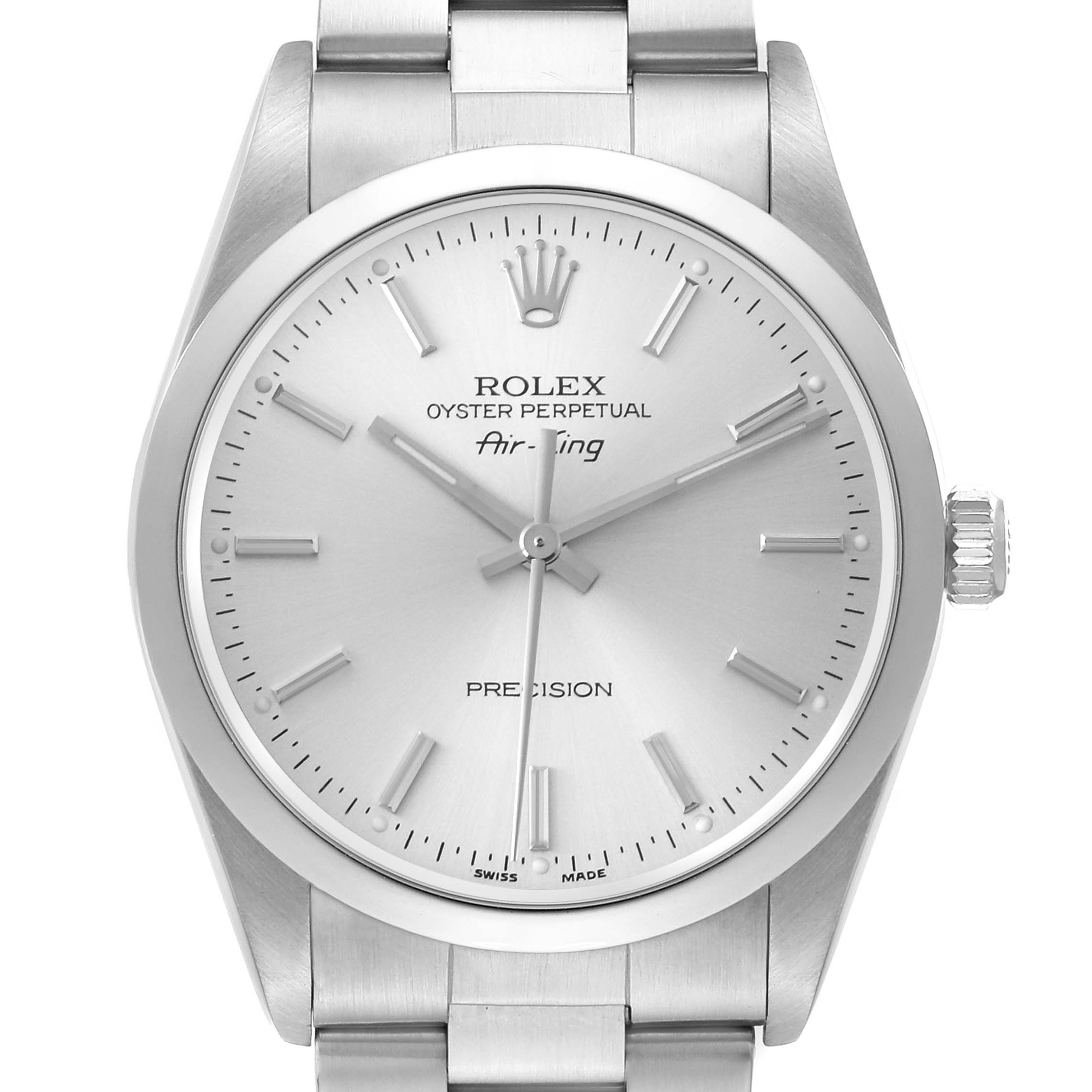 The Rolex Air-King 14000M Men's Stainless Steel Silver Dial 14000M Men's Stainless Steel Silver Dial watch is shown from a front angle, displaying its dial, markers, and crown.