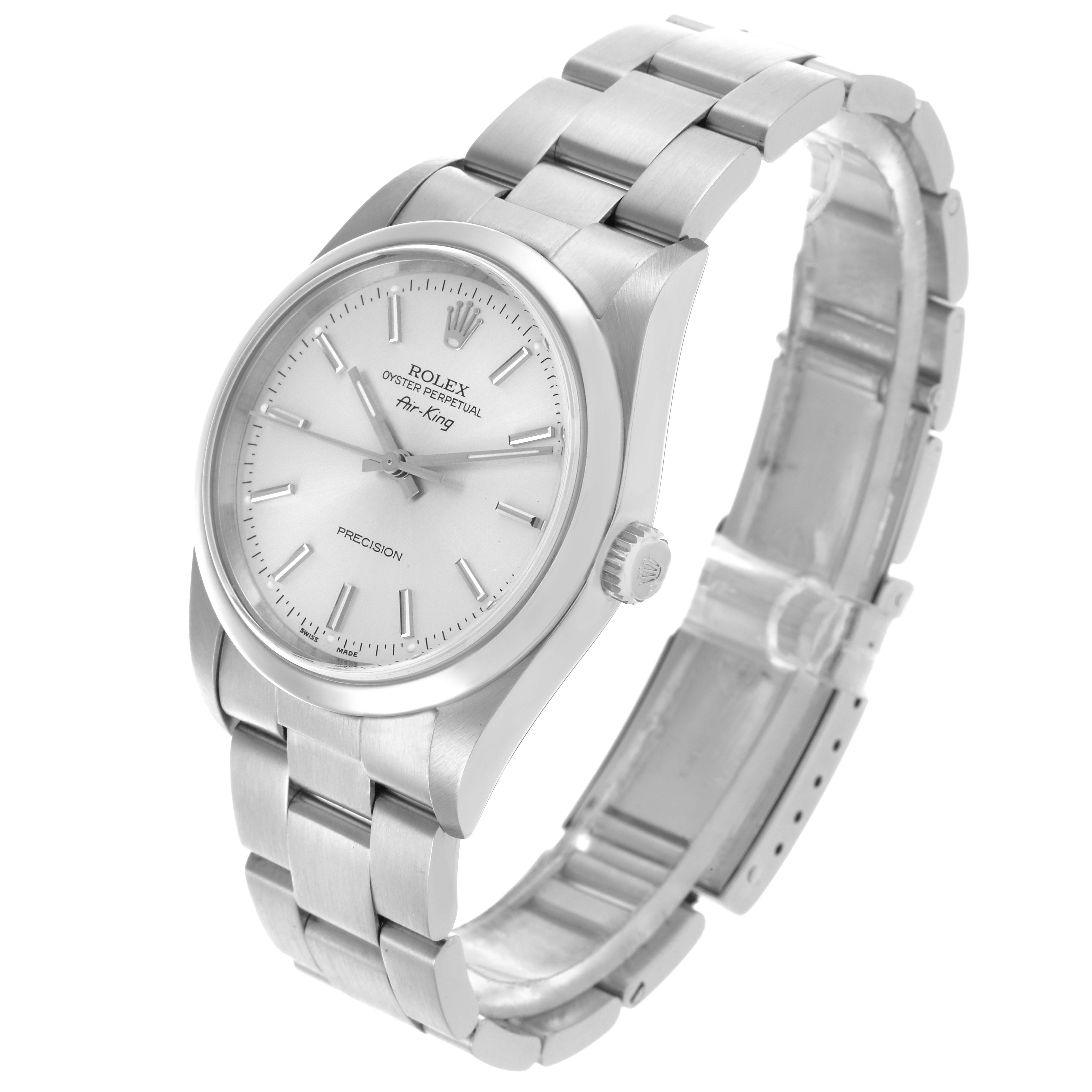 The Rolex Air-King 14000M Men's Stainless Steel Silver Dial 14000M Men's Stainless Steel Silver Dial watch is shown at a slight angle, displaying the face, bezel, crown, and bracelet.