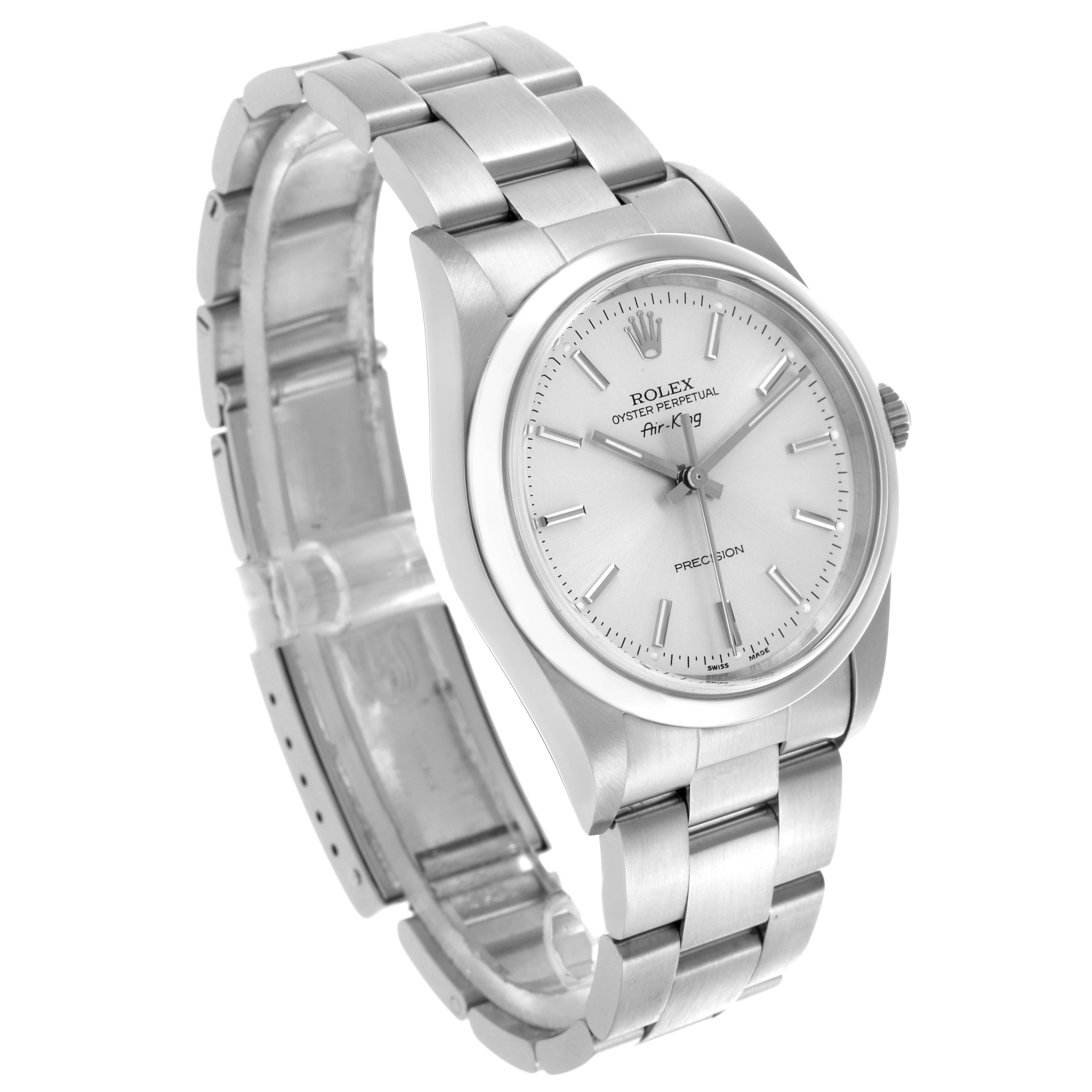 This image shows a Rolex Air-King 14000M Men's Stainless Steel Silver Dial 14000M Men's Stainless Steel Silver Dial watch at a three-quarter angle, highlighting the face, bezel, and bracelet.