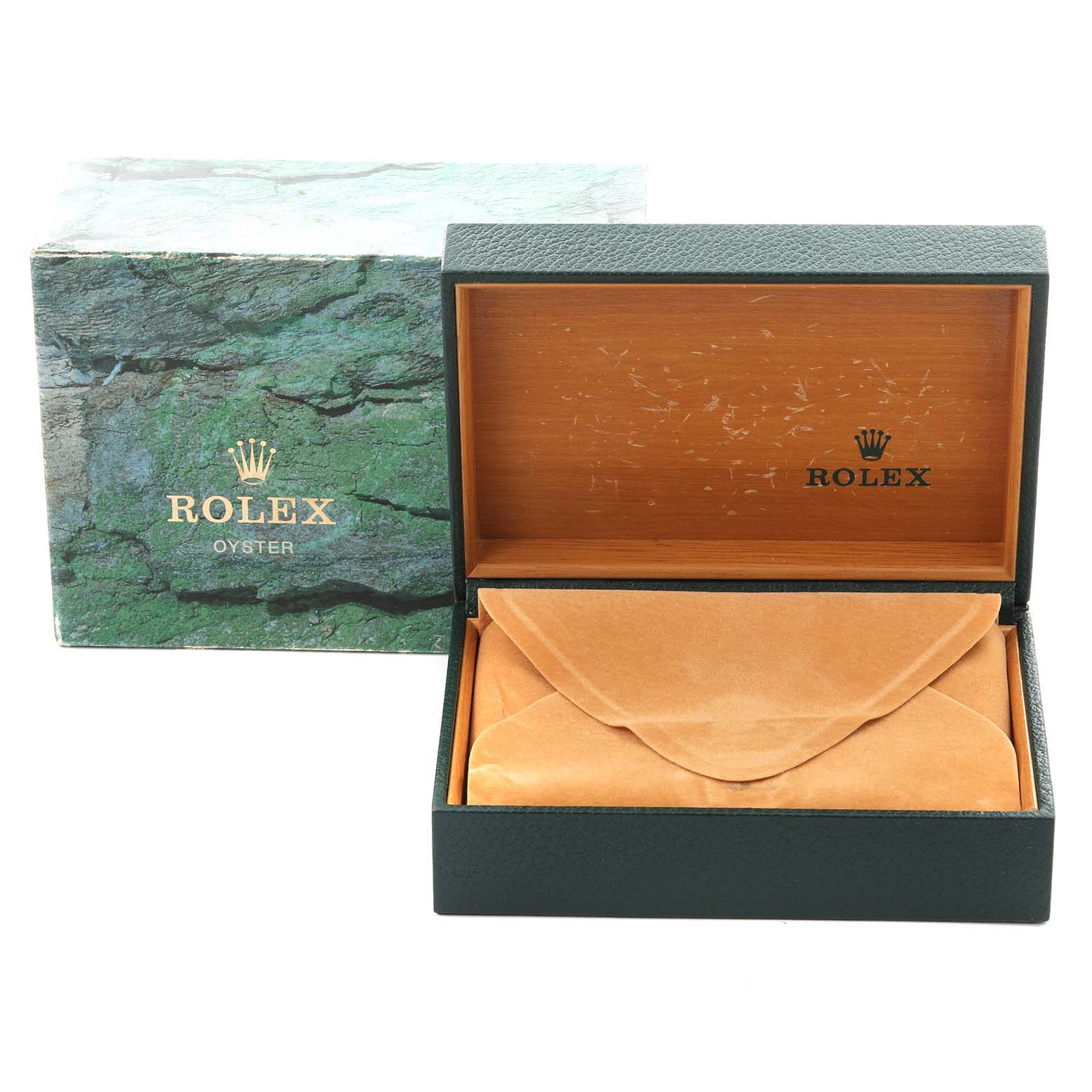 The image shows the Rolex Air-King 14000M Men's Stainless Steel Silver Dial 14000M Men's Stainless Steel Silver Dial watch box and pouch from a front angle.