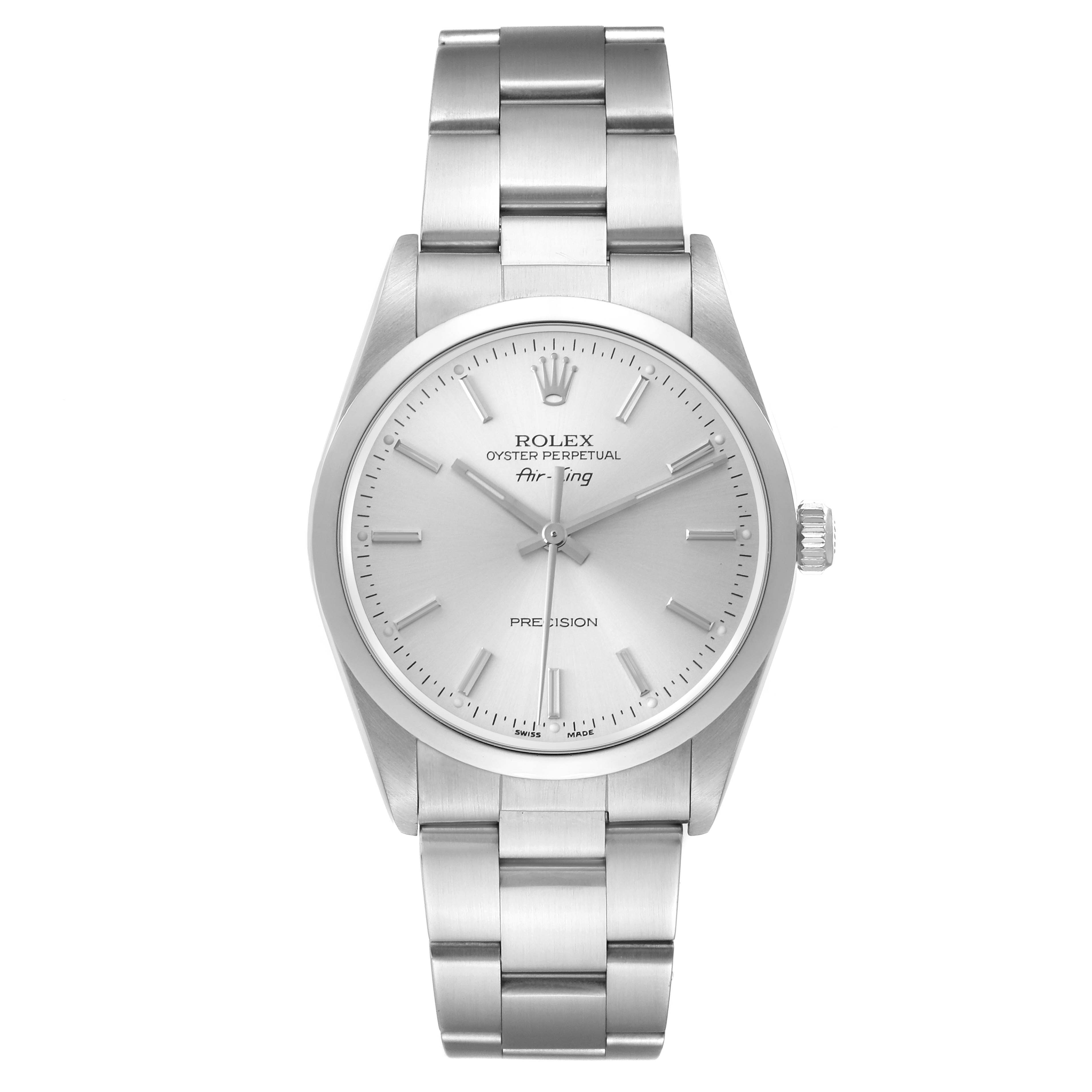 The Rolex Air-King 14000M Men's Stainless Steel Silver Dial 14000M Men's Stainless Steel Silver Dial watch is shown from a front angle, displaying its face, bezel, hands, and bracelet.