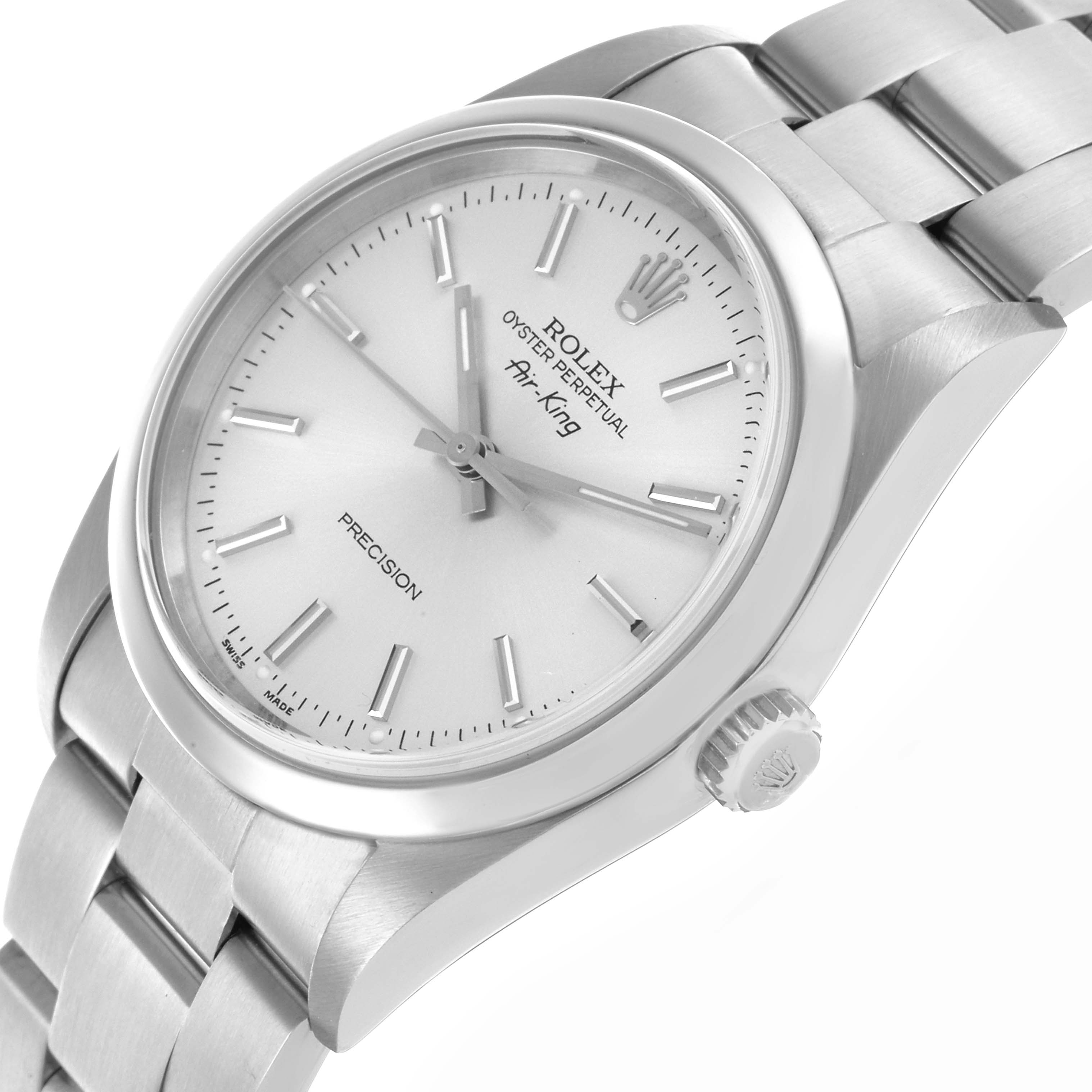 The Rolex Air-King 14000M Men's Stainless Steel Silver Dial 14000M Men's Stainless Steel Silver Dial watch is shown from a slight front angle, displaying the face, crown, and part of the bracelet.