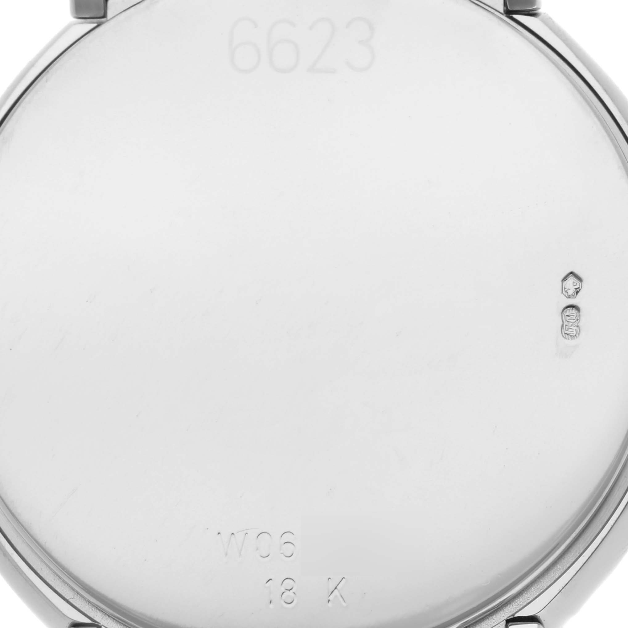 The image shows the back case of a Rolex Cellini 6623 Men's White Gold White Dial 6623 Men's White Gold White Dial watch, highlighting engravings and hallmarks.