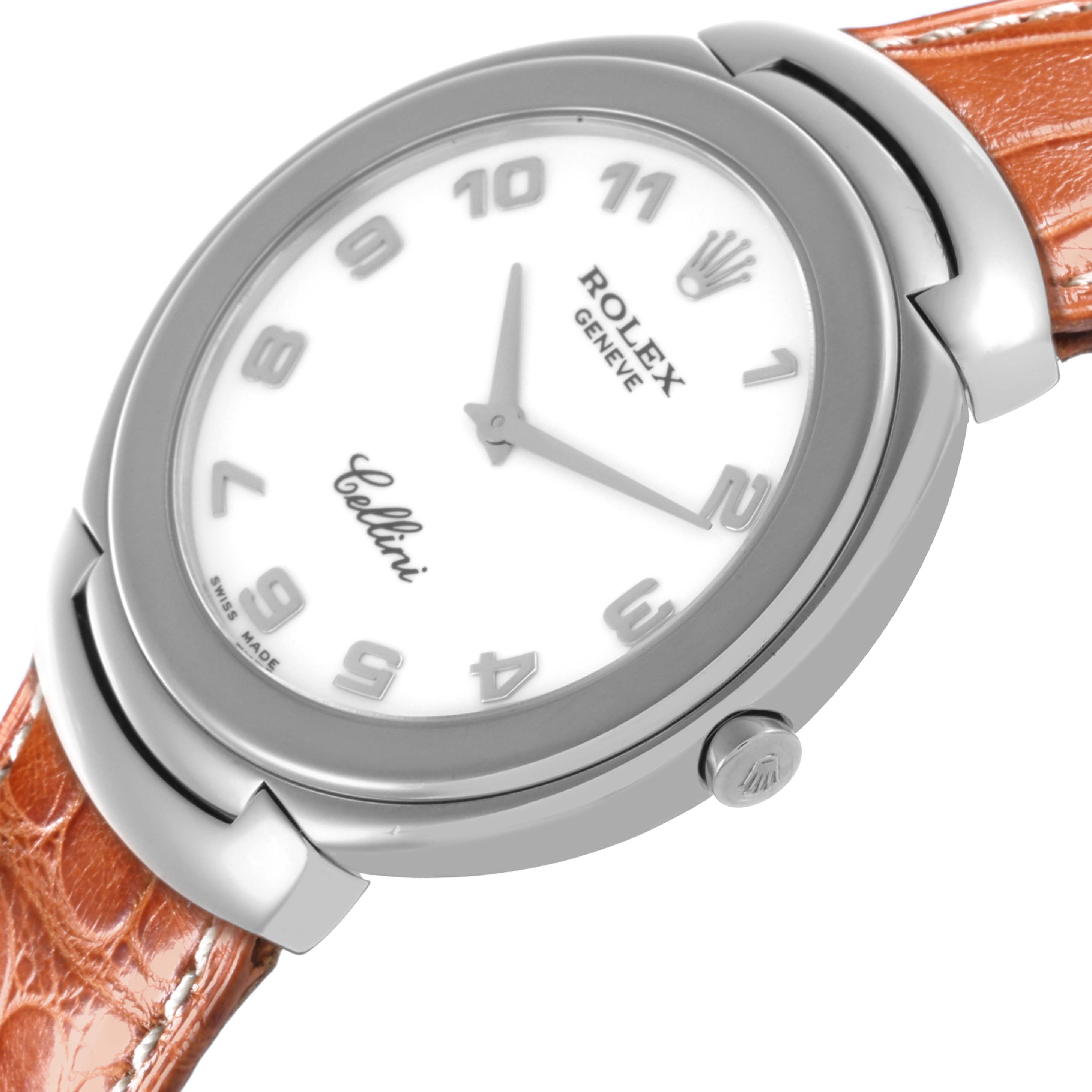 The Rolex Cellini 6623 Men's White Gold White Dial 6623 Men's White Gold White Dial watch is shown at an angled close-up, displaying the dial, numerals, crown, and leather strap.
