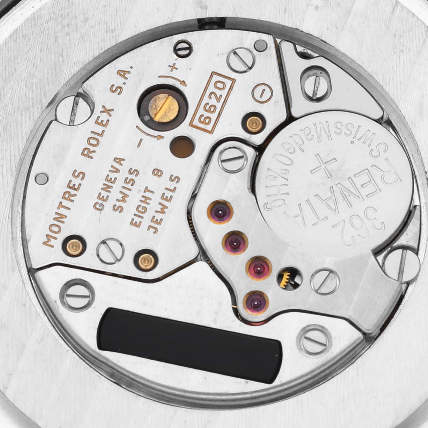 The image shows an overhead view of the movement and inner mechanism of a Rolex Cellini 6623 Men's White Gold White Dial 6623 Men's White Gold White Dial watch.